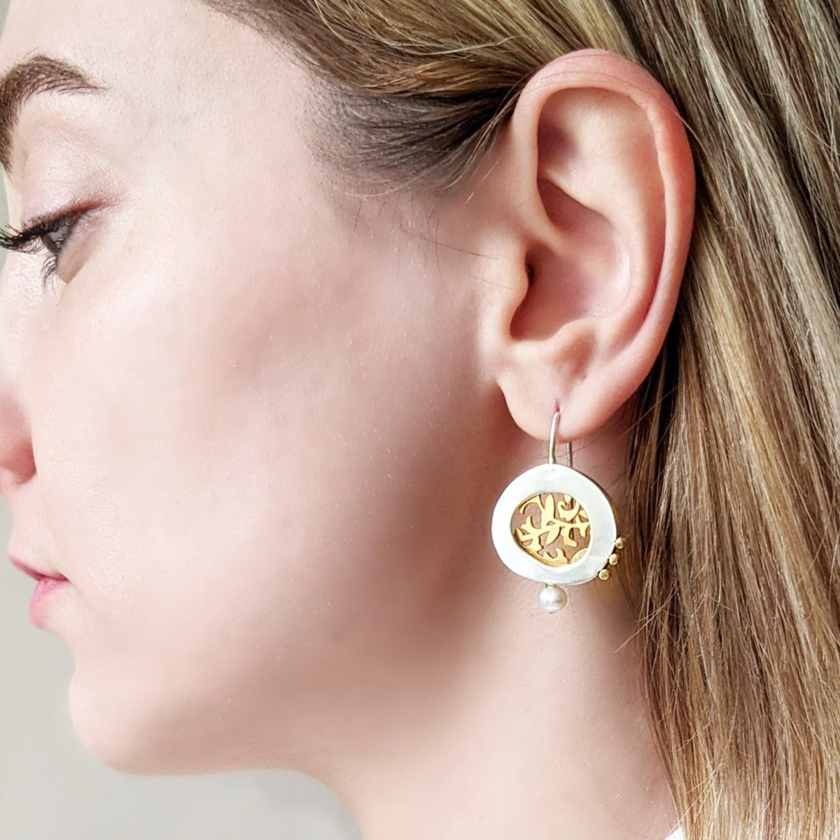 Persian Earrings-Gold Plated Silver Earrings with flower pattern:Persian Jewelry-AFRA ART GALLERY