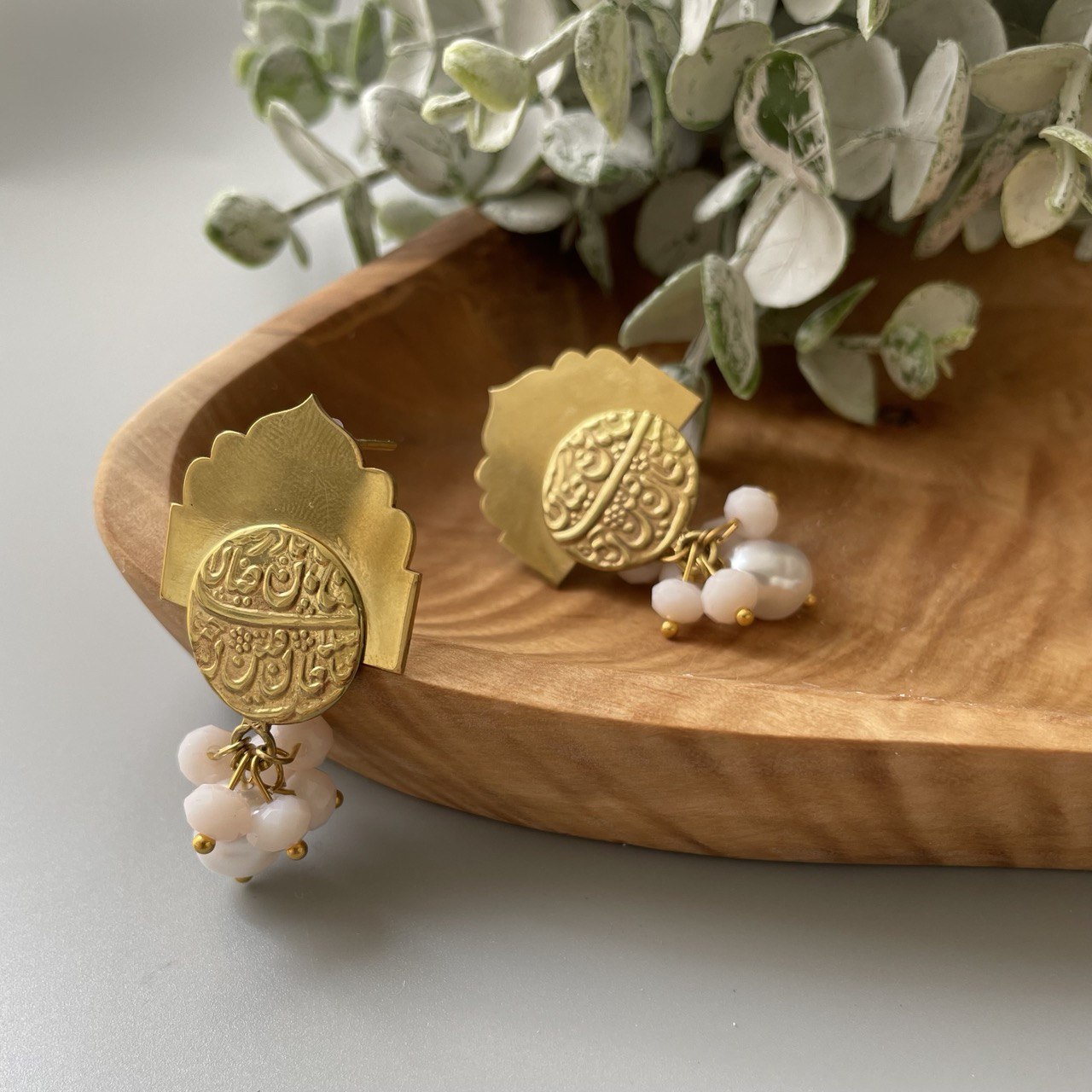 Persian Earrings-Handmade Brass stud Earrings with Pearls: Persian Jewelry-AFRA ART GALLERY