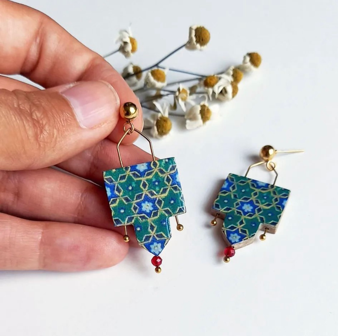 Persian Earrings-Handmade Earrings with Persian Pattern in Green:Persian Jewelry-AFRA ART GALLERY