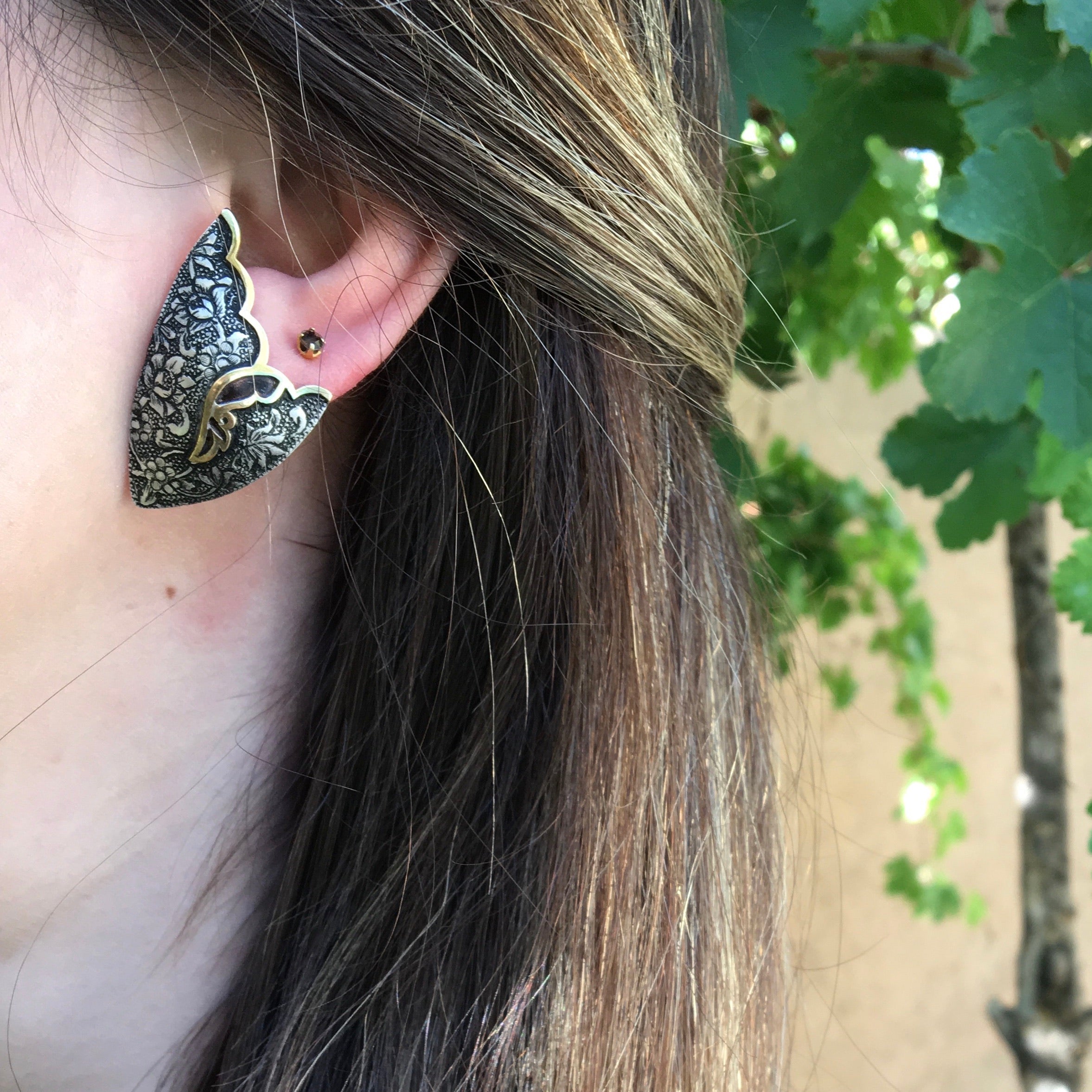 Persian Earrings-Handmade, Flower and Bird Engraved Silver Ear Cuff :Persian Jewelry-Afra Art Gallery