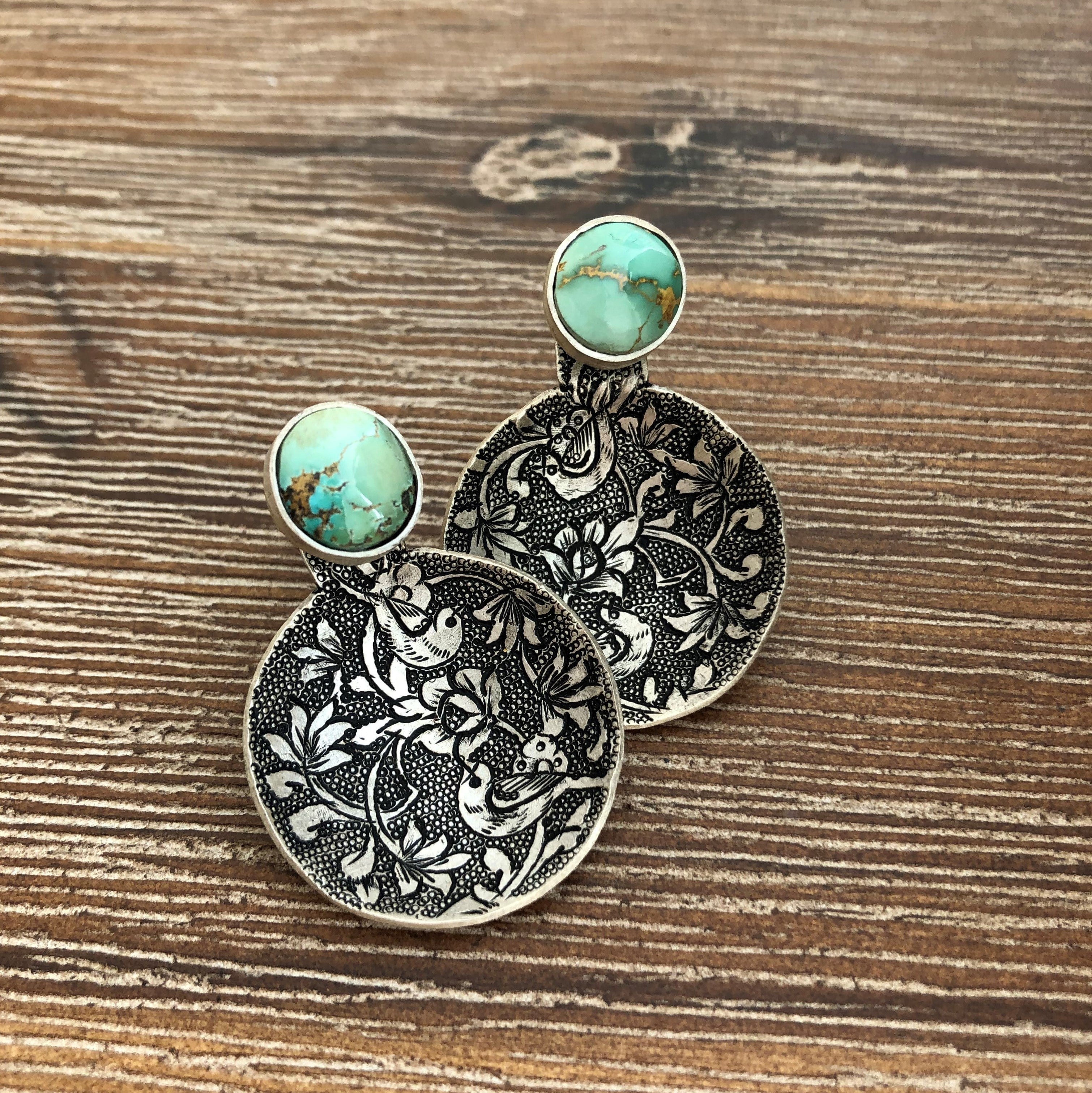 Persian Turquoise Jewelry-Handmade, Flower and Bird Engraved Silver Stud Earrings with Turquoise: Persian Jewelry-AFRA ART GALLERY