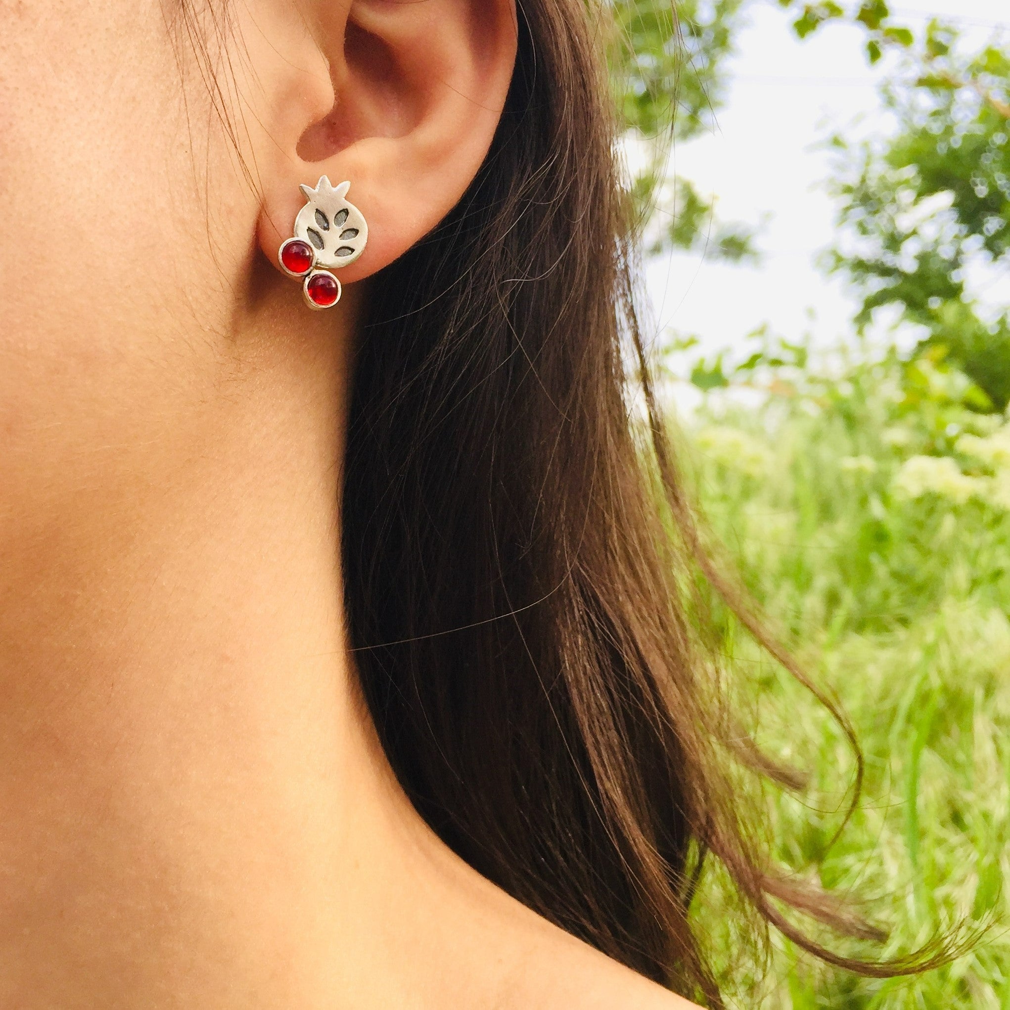 Persian Earrings-Handmade Pomegranate shaped Silver Stud Earrings:Persian Jewelry-AFRA ART GALLERY
