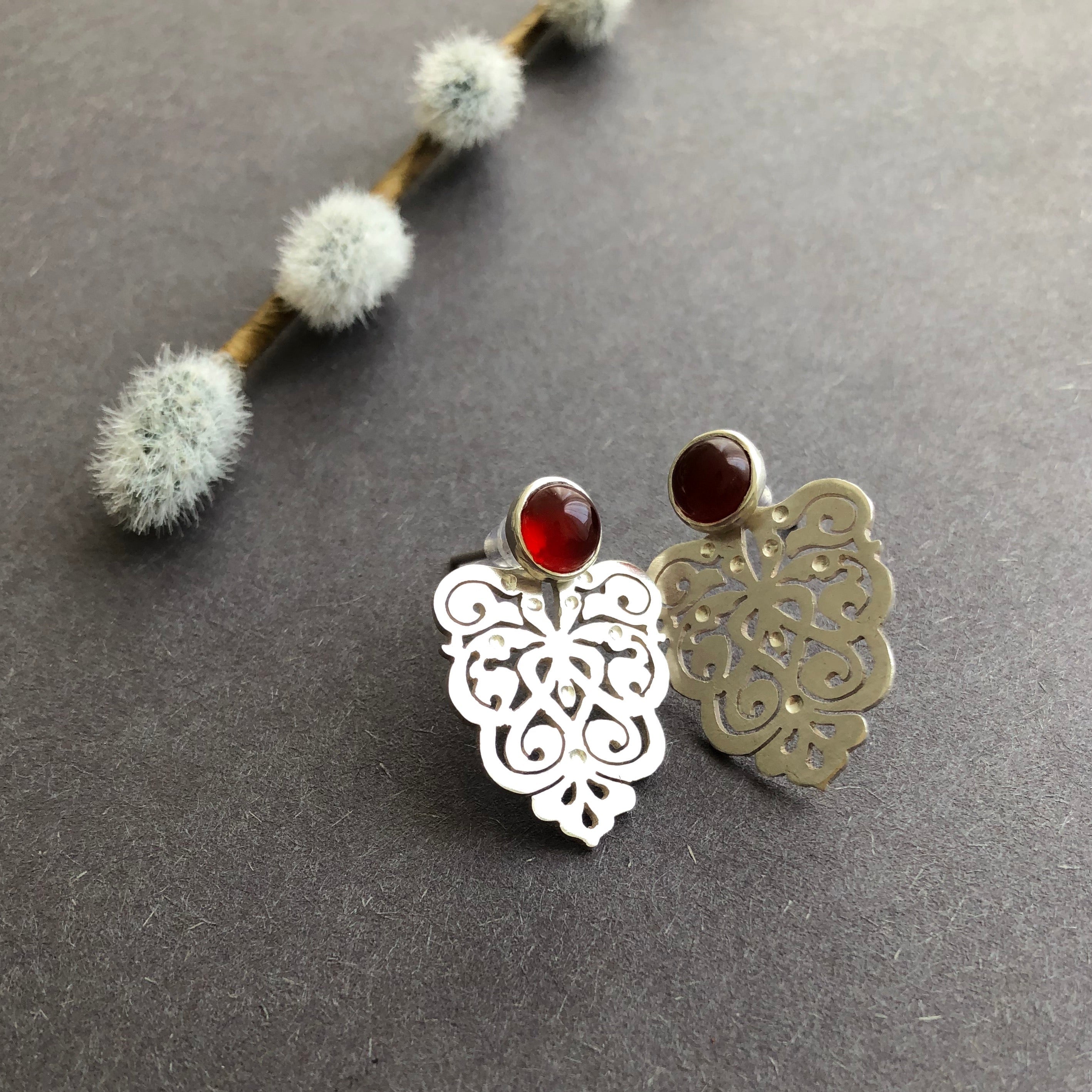 Persian Earrings-Handmade Silver Earrings with Persian Eslimi Pattern and Agate-: Persian Jewelry-Afra Art Gallery