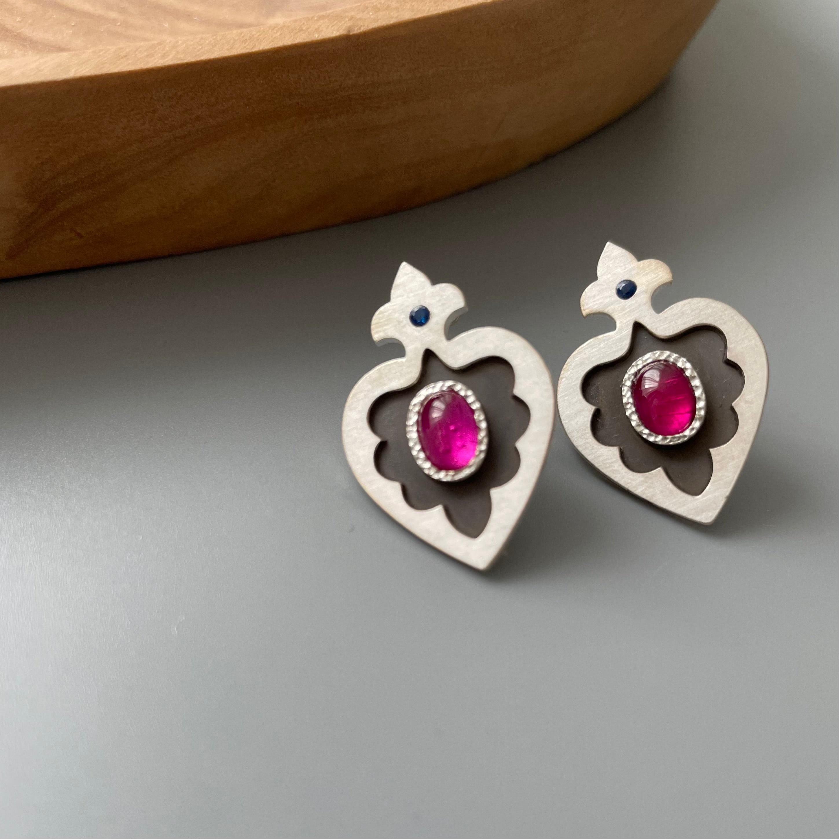 Persian Earrings-Handmade Silver Earrings with Persian Pattern and Red Gemstone:Persian Jewelry-AFRA ART GALLERY