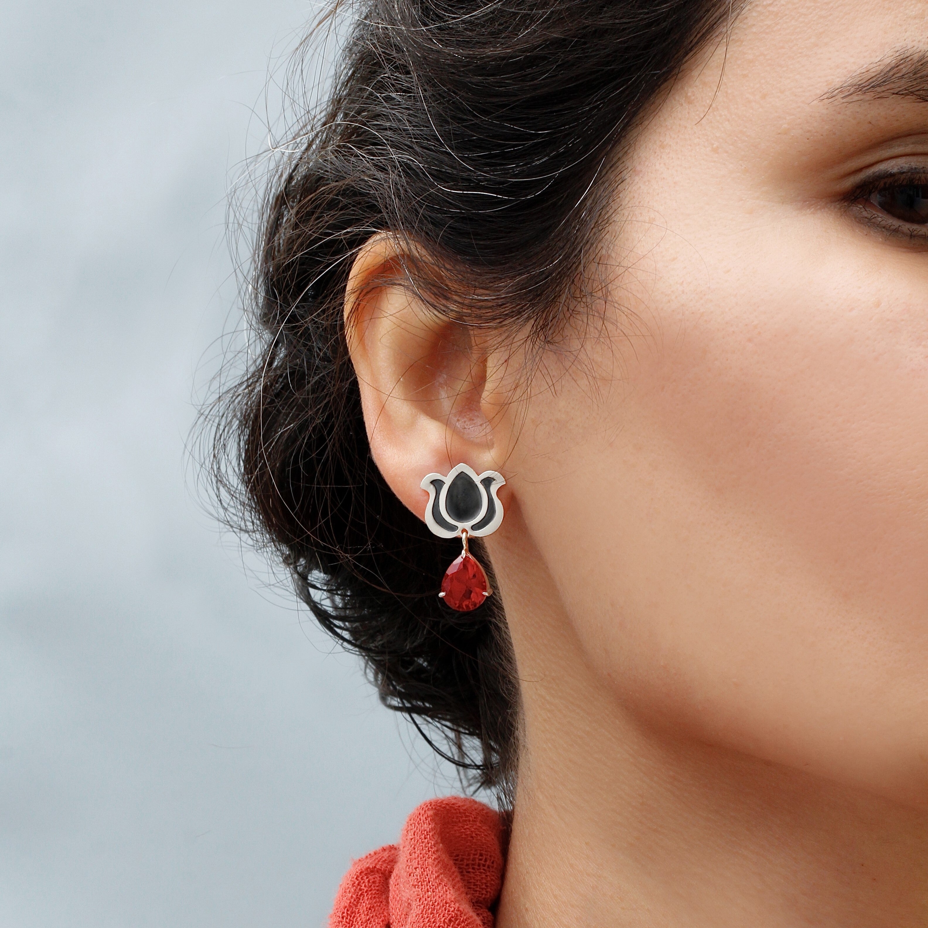 Persian Earrings-Handmade Silver Earrings with Persian Shiny Red crystal:Persian Jewelry-AFRA ART GALLERY