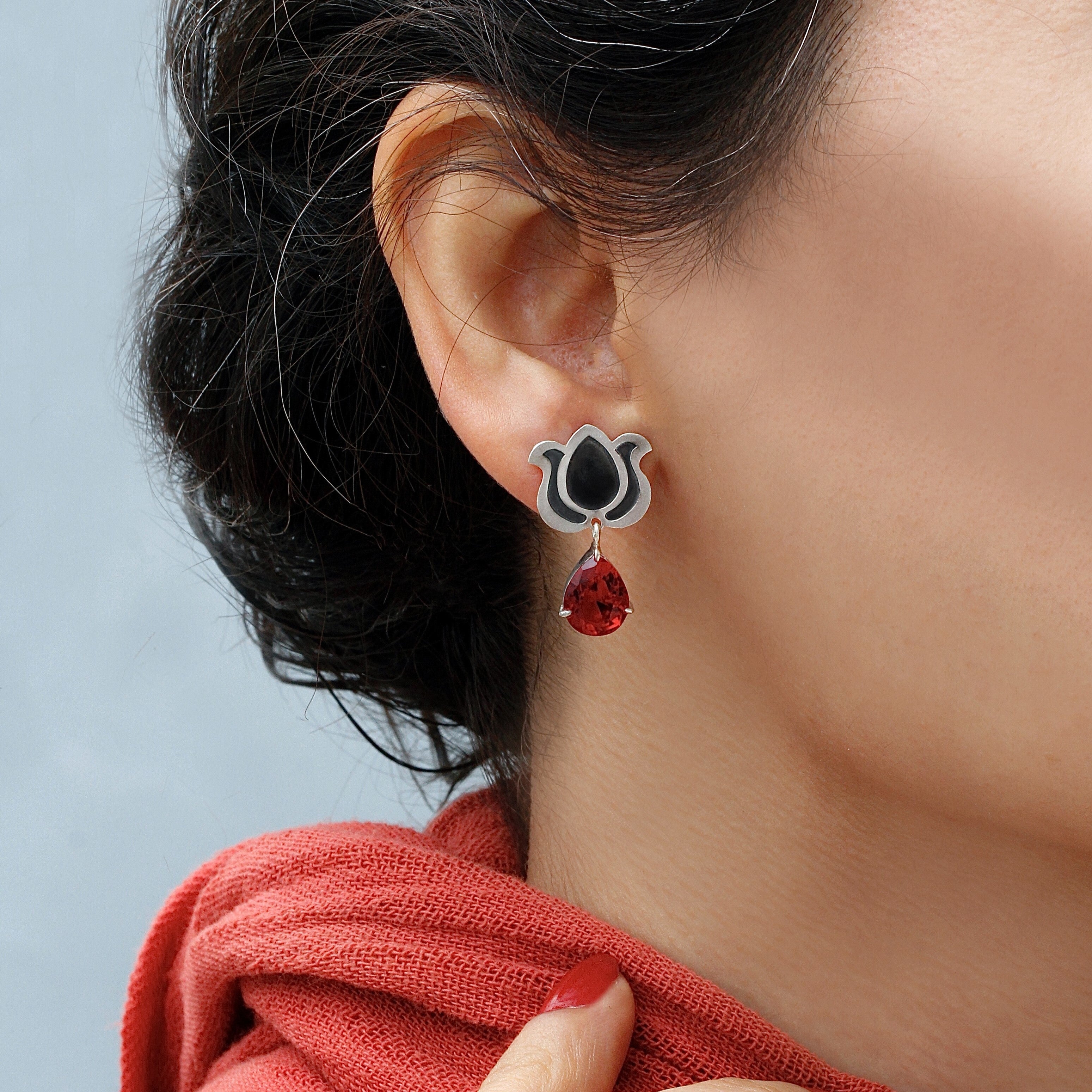 Persian Earrings-Handmade Silver Earrings with Persian Shiny Red crystal:Persian Jewelry-AFRA ART GALLERY