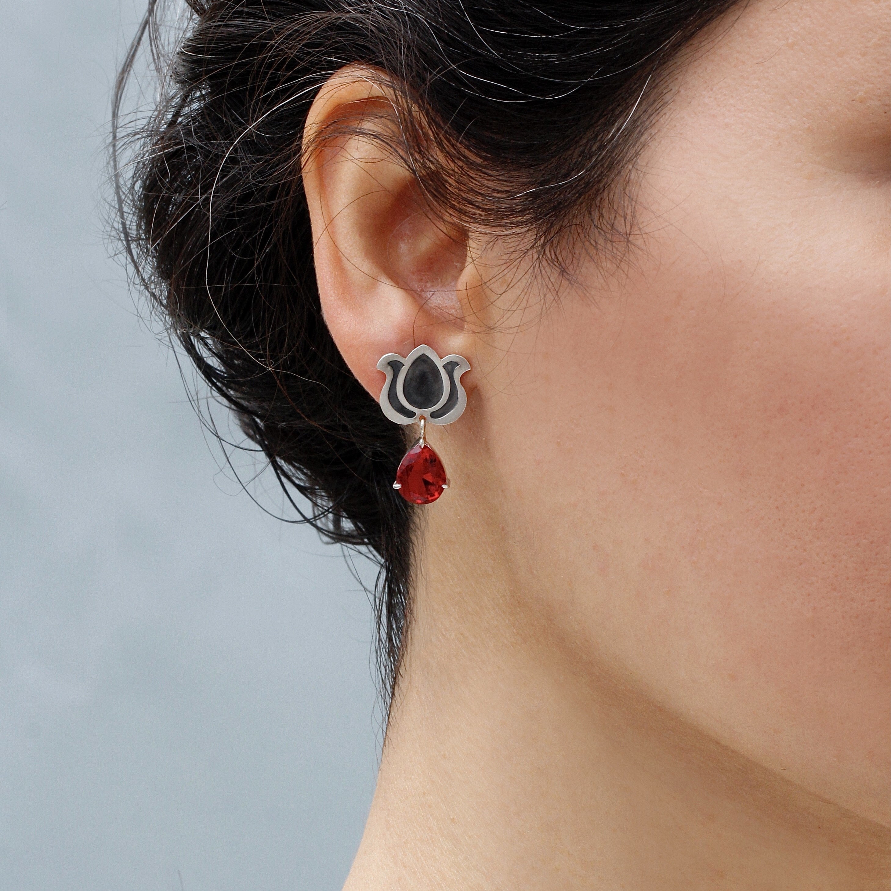 Persian Earrings-Handmade Silver Earrings with Persian Shiny Red crystal:Persian Jewelry-AFRA ART GALLERY