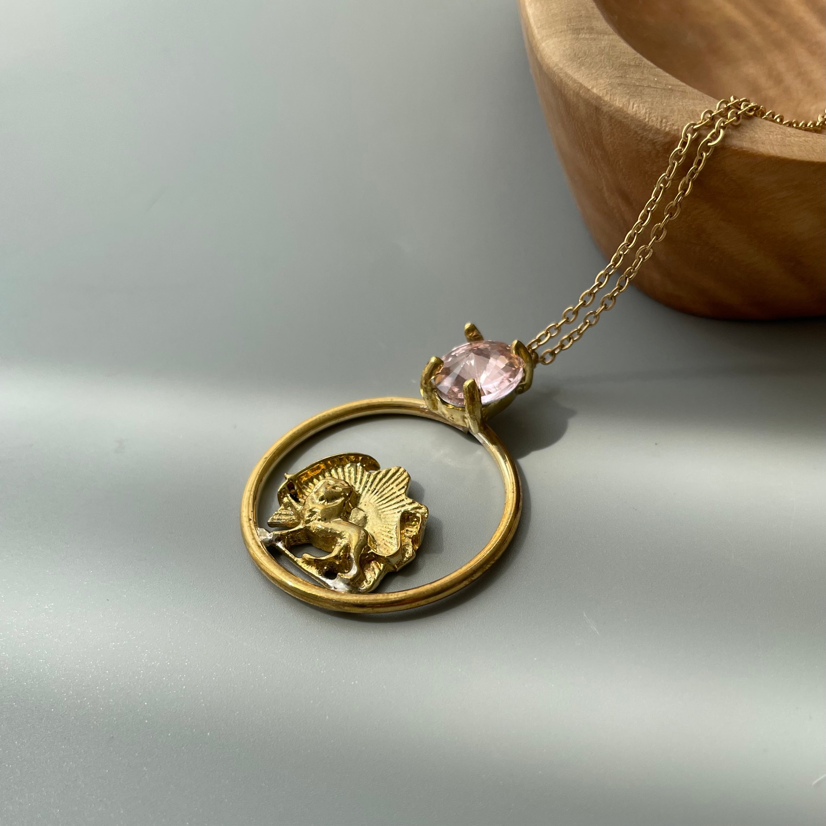 Persian Necklace Lion and Sun Set with Pink Crystal: Persian Jewelry-AFRA ART GALLERY