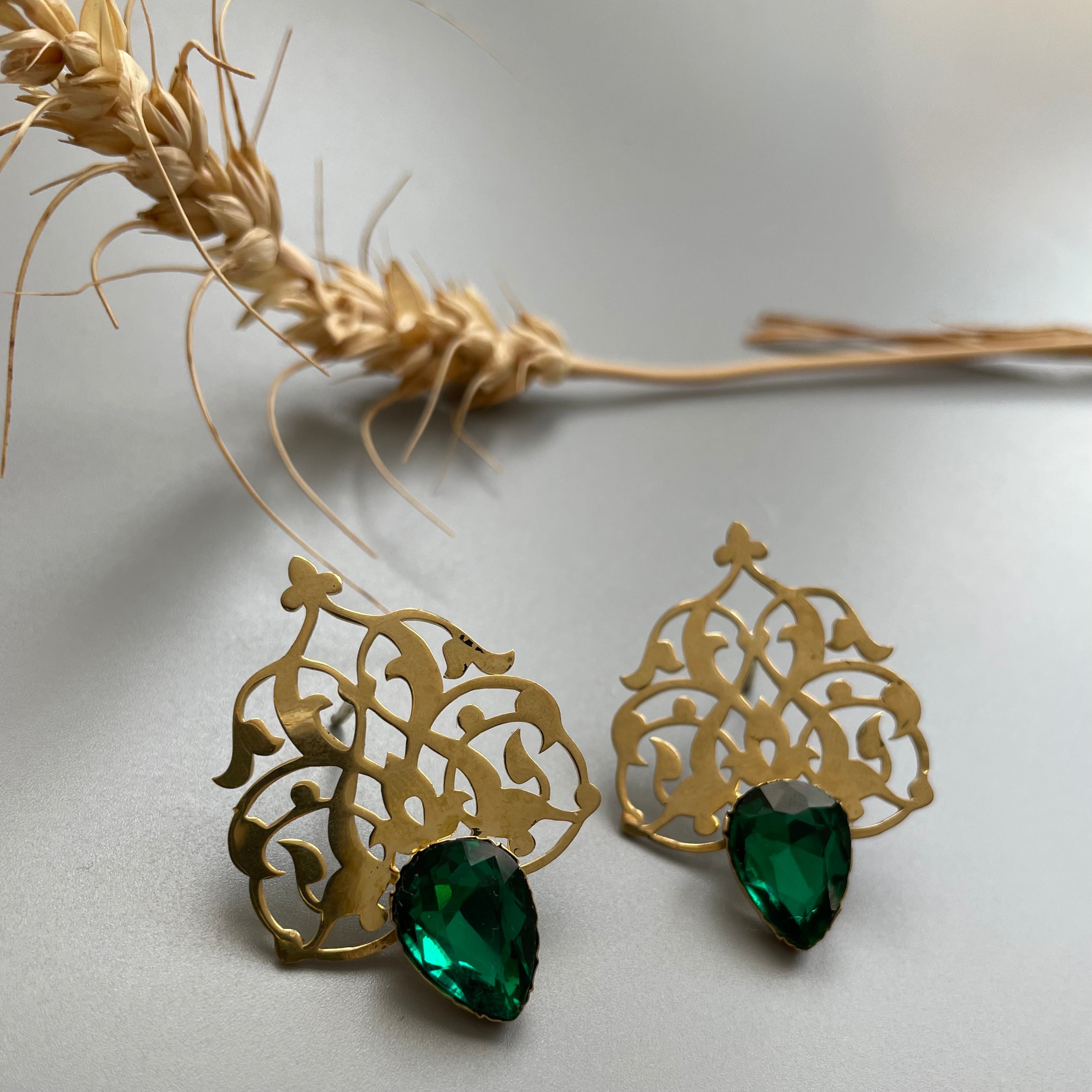 Persian EarringsPersian Brass Earrings with Green Crystal in Eslimi Design-jewellery: Persian Jewelry-AFRA ART GALLERY