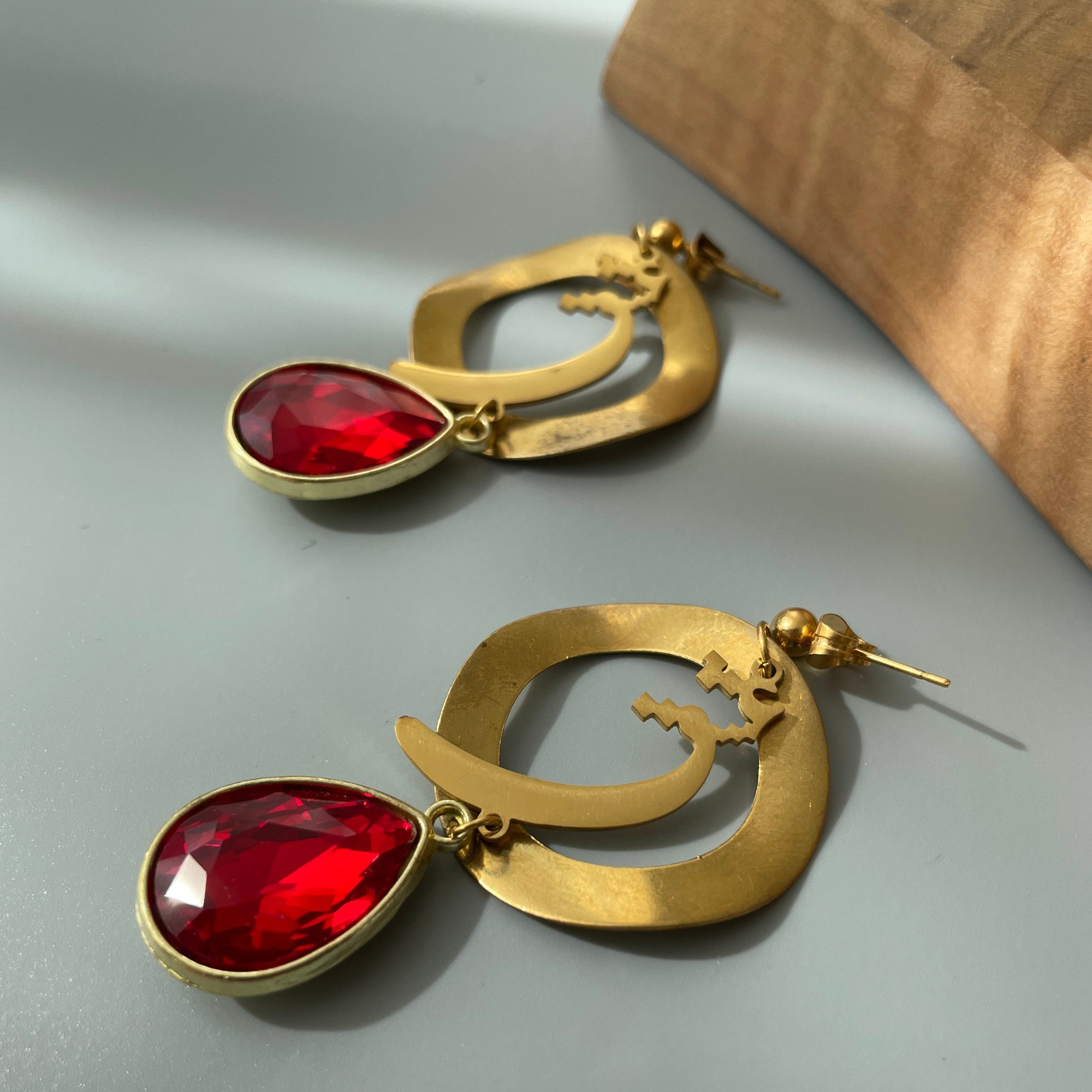 Persian Earrings-Persian Earring with Red Crystal and Love:Persian Jewelry-AFRA ART GALLERY