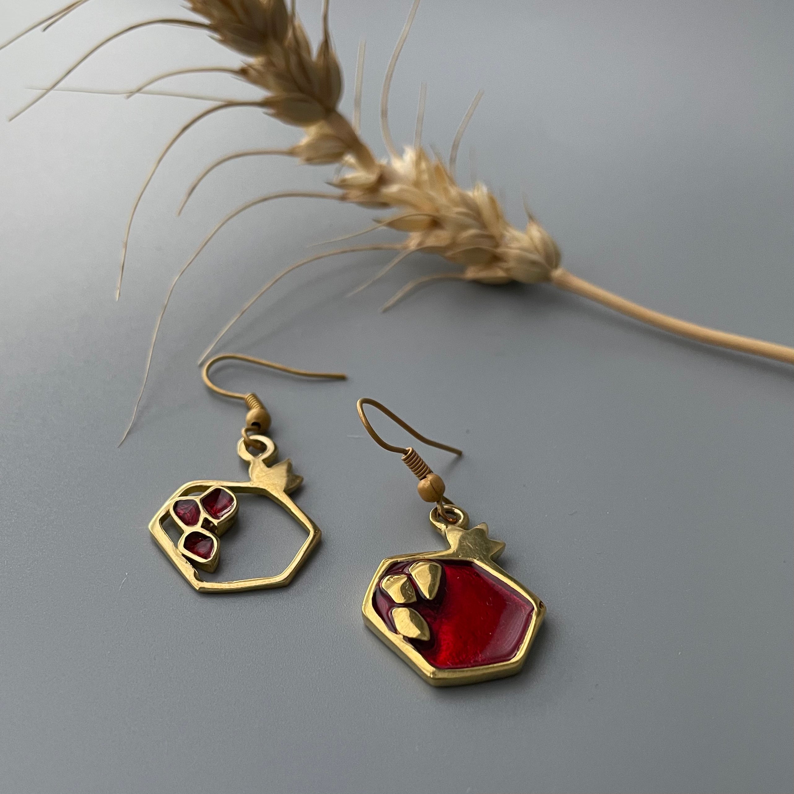 Persian EarringsPomegranate Shaped Brass Earrings with Red Enamel:Persian Jewelry-AFRA ART GALLERY