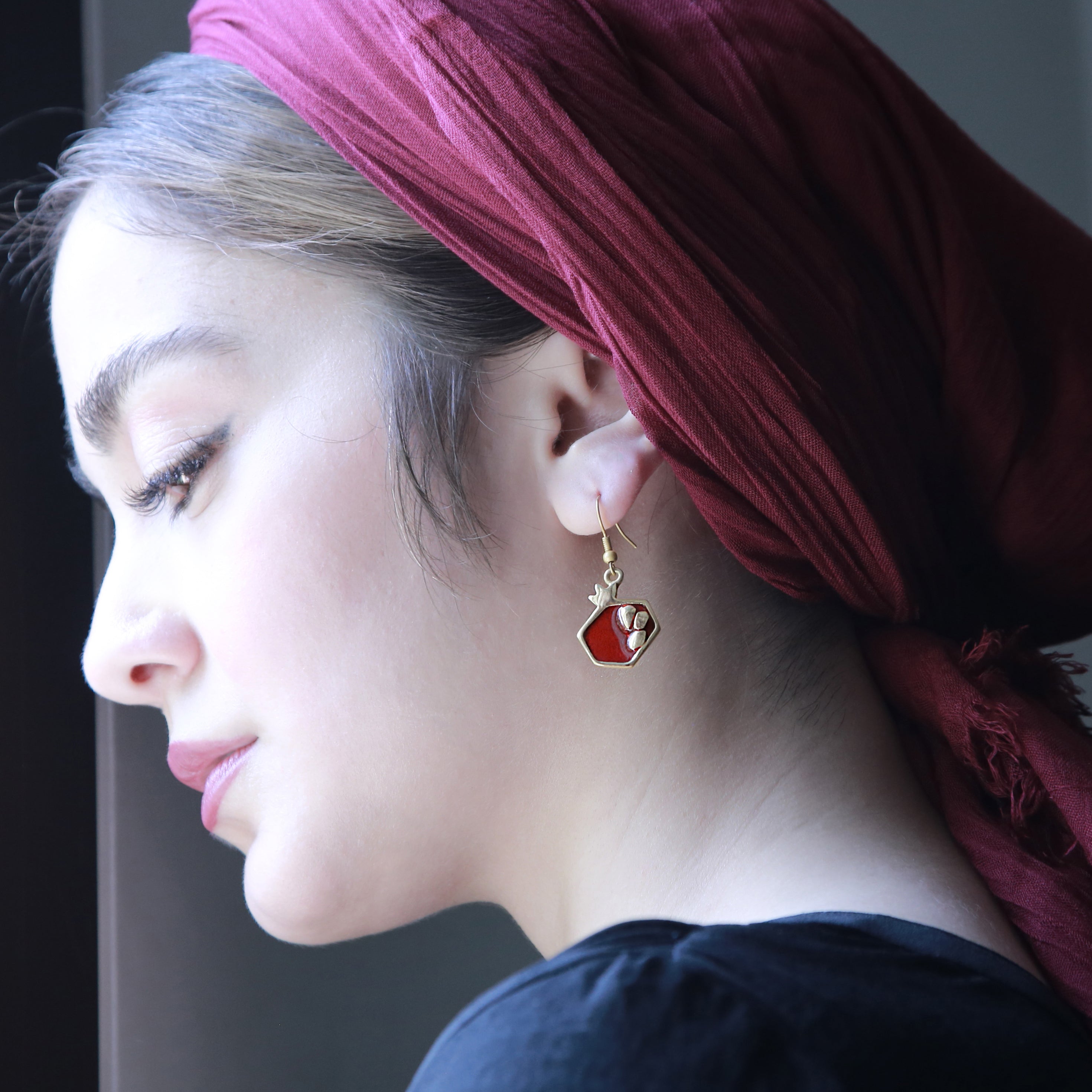 Persian EarringsPomegranate Shaped Brass Earrings with Red Enamel:Persian Jewelry-AFRA ART GALLERY