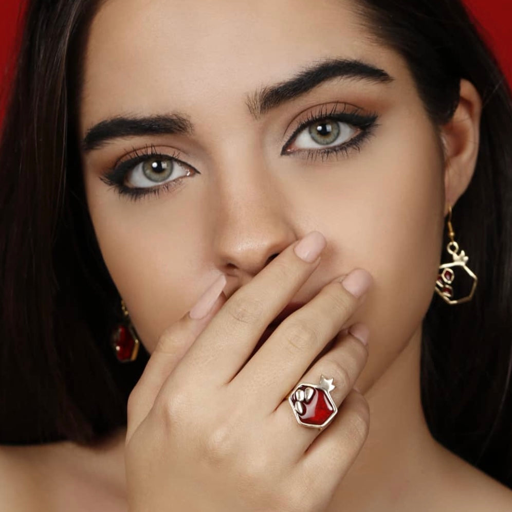 Persian EarringsPomegranate Shaped Brass Earrings with Red Enamel:Persian Jewelry-AFRA ART GALLERY