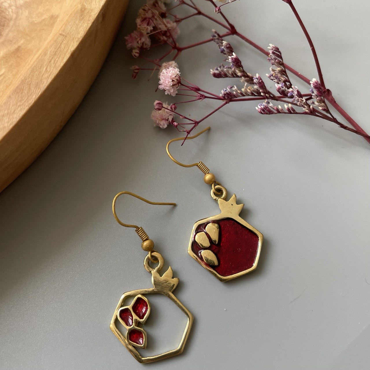 Persian Earrings-Pomegranate Shaped Brass Earrings with Red Enamel: Persian Jewelry-AFRA ART GALLERY
