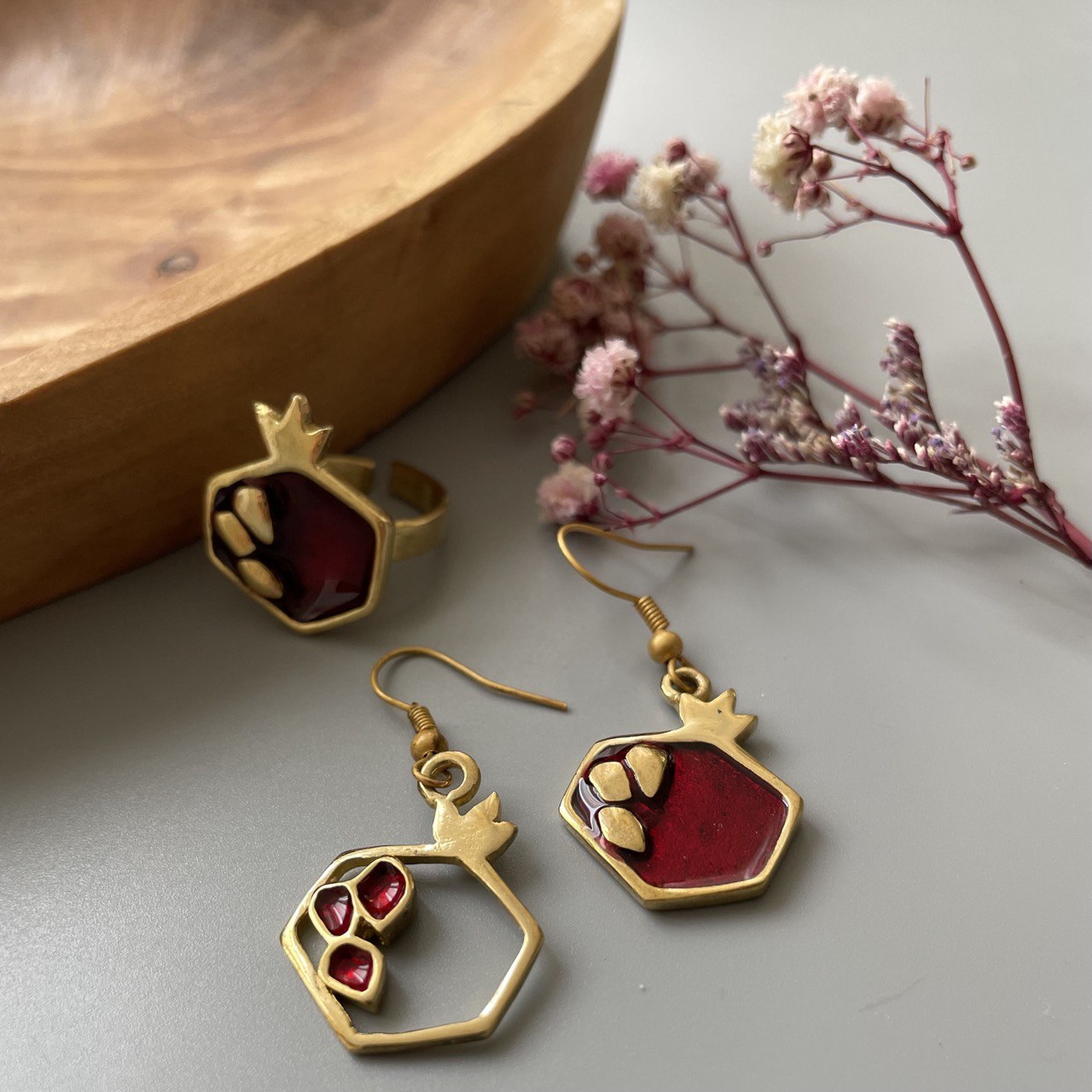 Persian Earrings-Pomegranate Shaped Brass Earrings with Red Enamel: Persian Jewelry-AFRA ART GALLERY