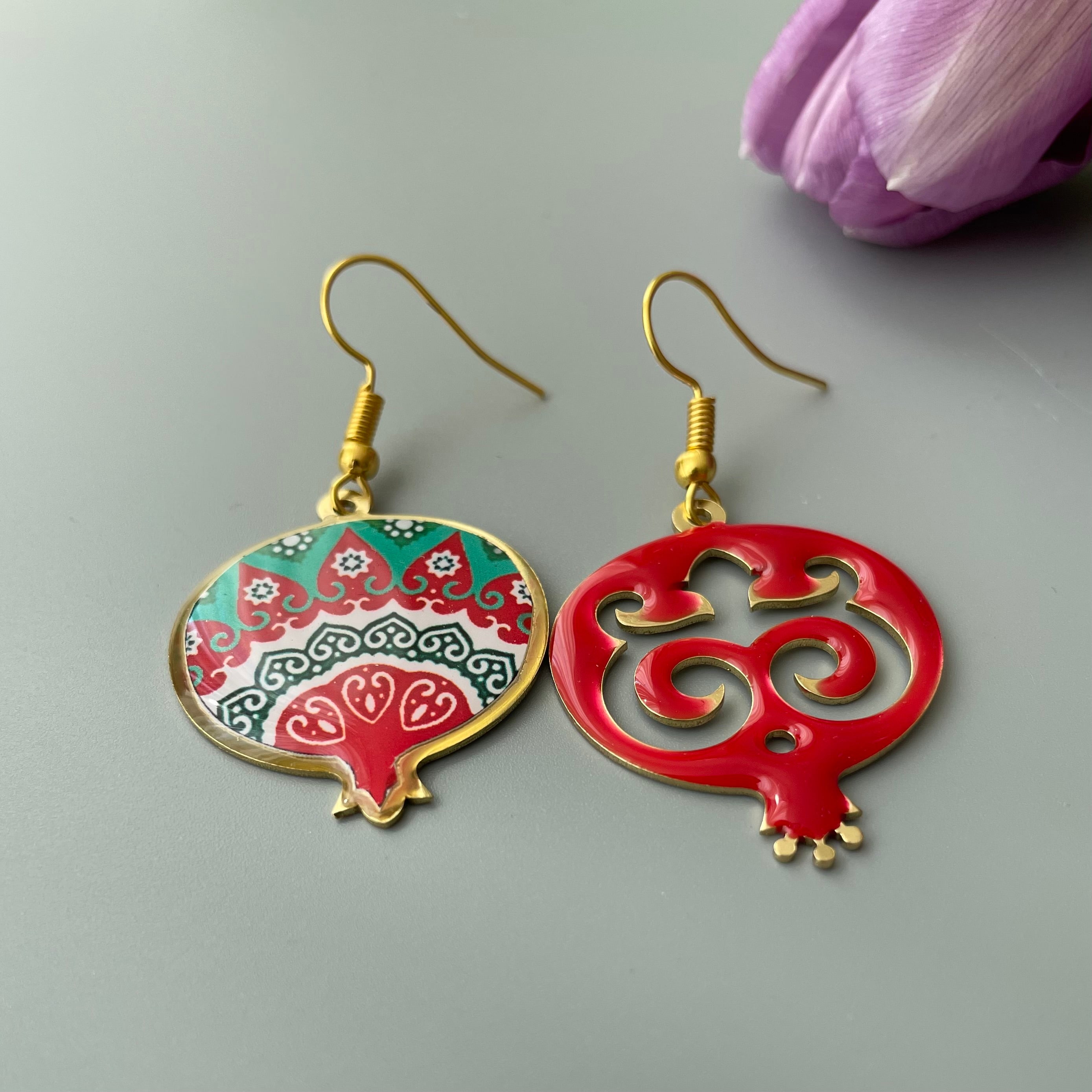 Persian Earrings-Pomegranate Shaped Earrings with Persian Motifs in Blue:Persian Jewelry-AFRA ART GALLERY