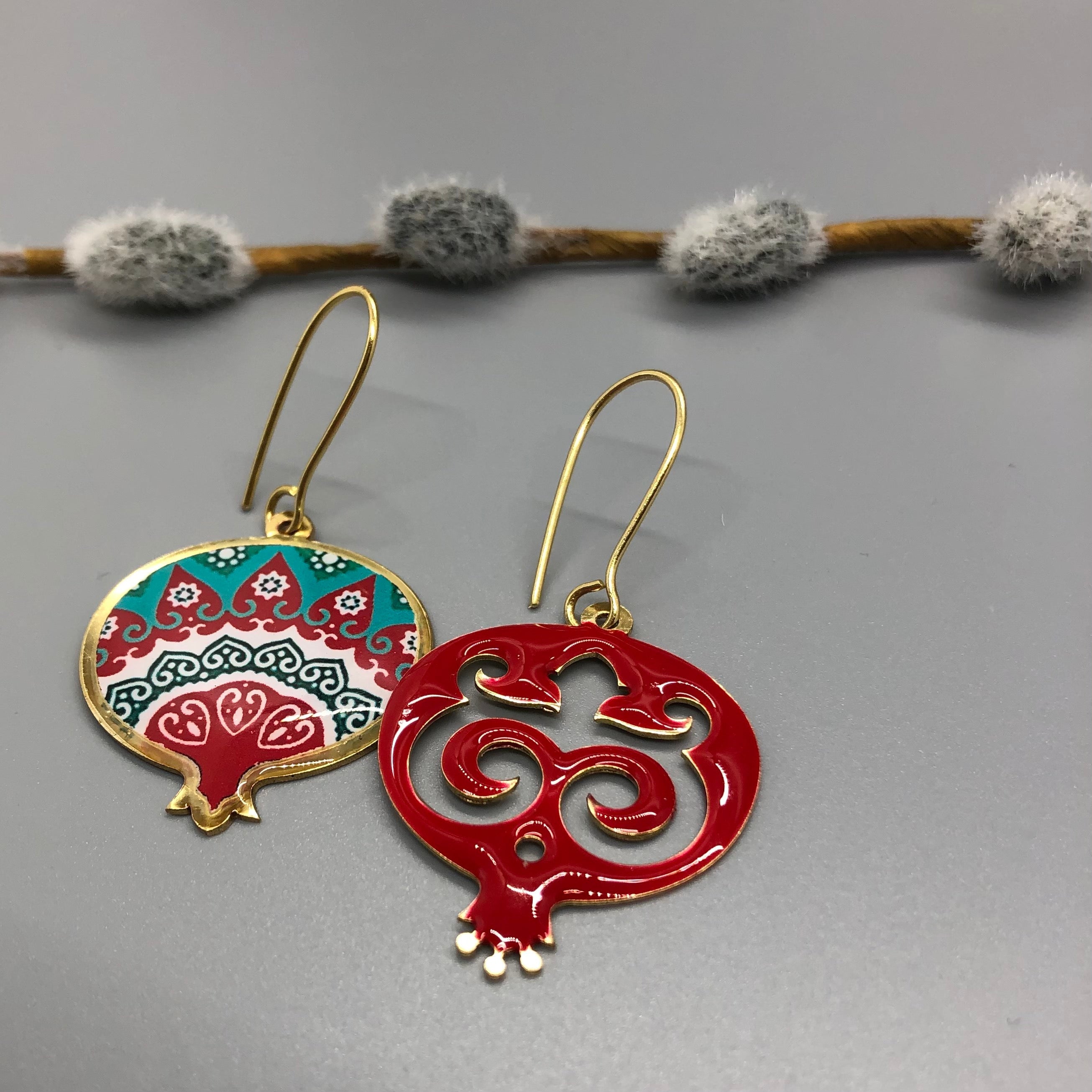Persian Earrings-Pomegranate Shaped Earrings with Persian Motifs in Blue:Persian Jewelry-Afra Art Gallery
