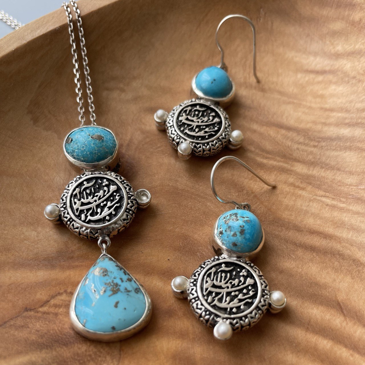 Persian Necklaces-Handmade Silver Necklace with Persian Calligraphy and Turquoise: Persian Jewelry-AFRA ART GALLERY
