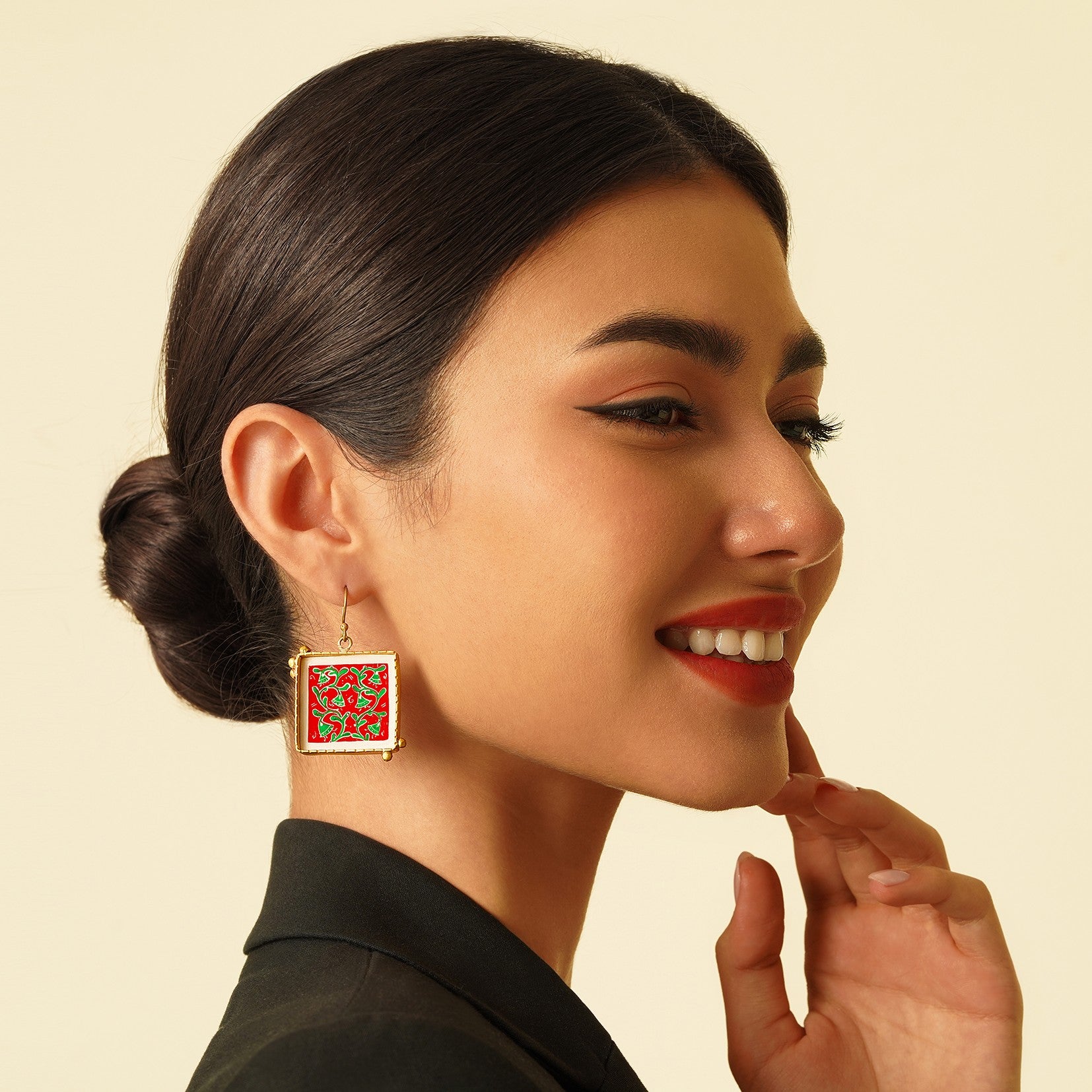 Fully Hand Painted Persian Earrings in Red Floral Design