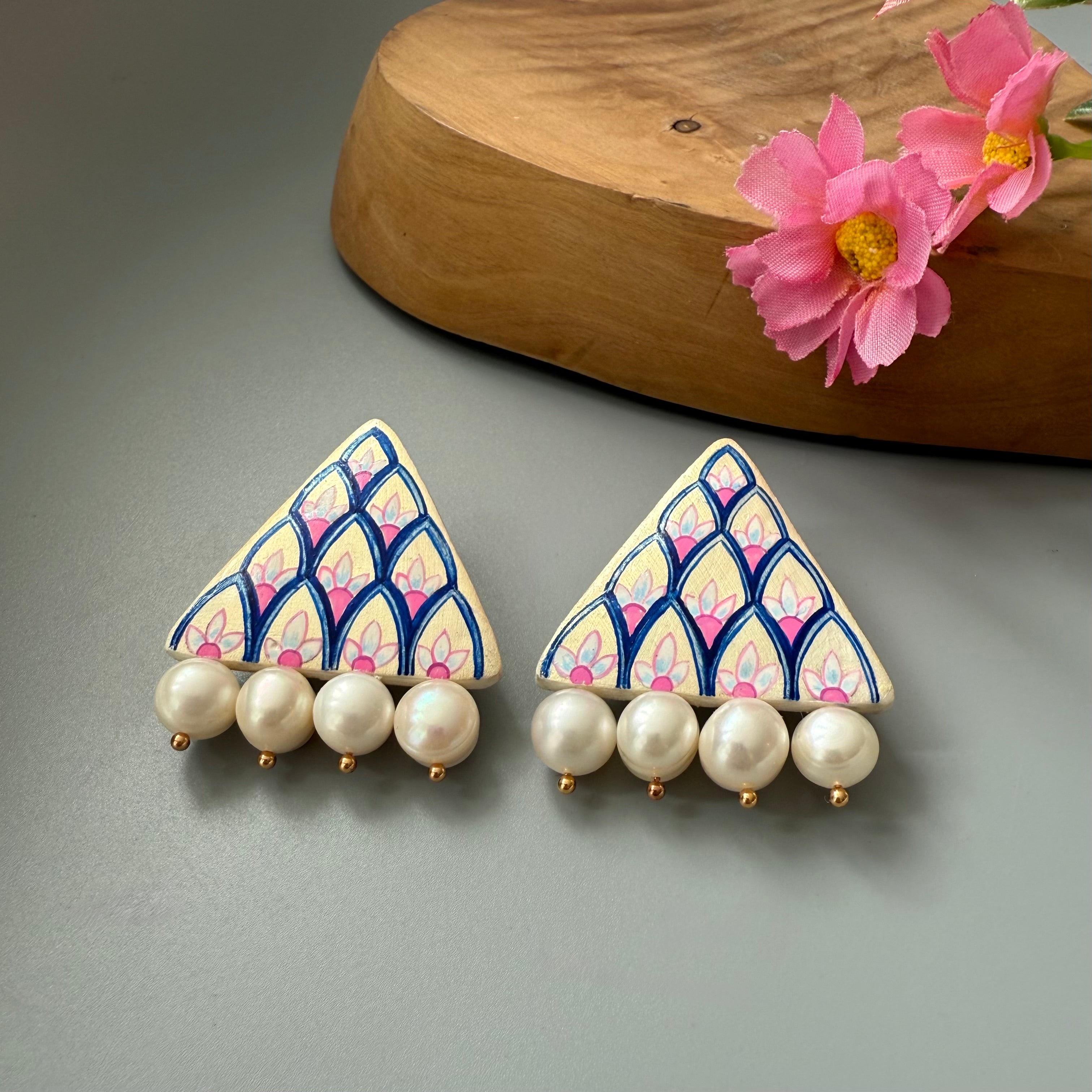 Persian Earrings-Stud Rectangular Clay Earrings with Hand Painting:Persian Jewelry -AFRA ART GALLERY