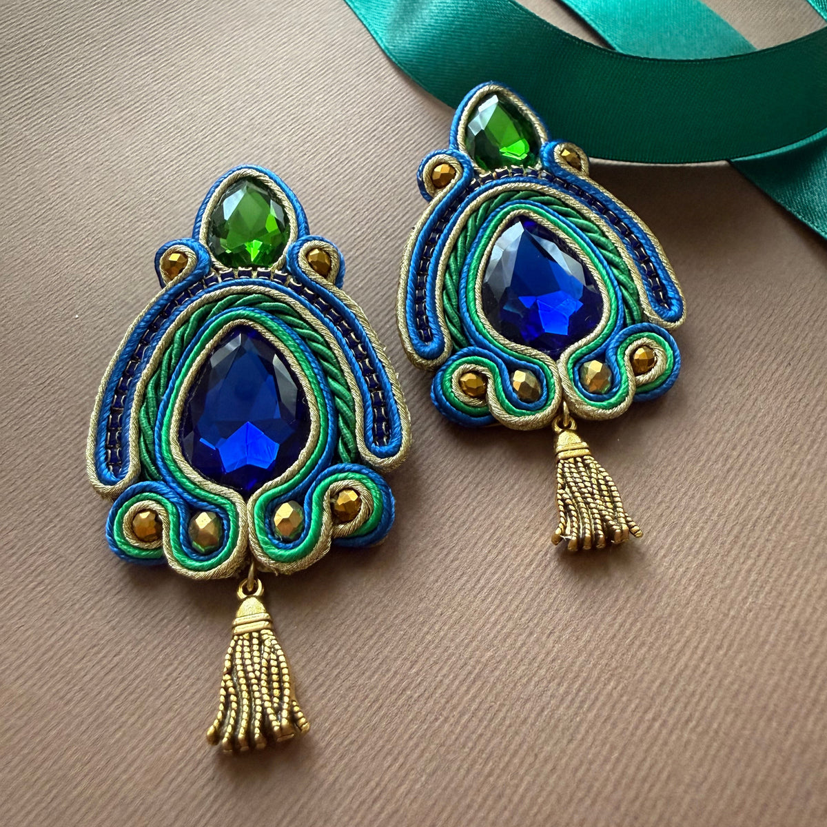 Soutache Earrings with shiny Crystal and Beads - AFRA ART GALLERY