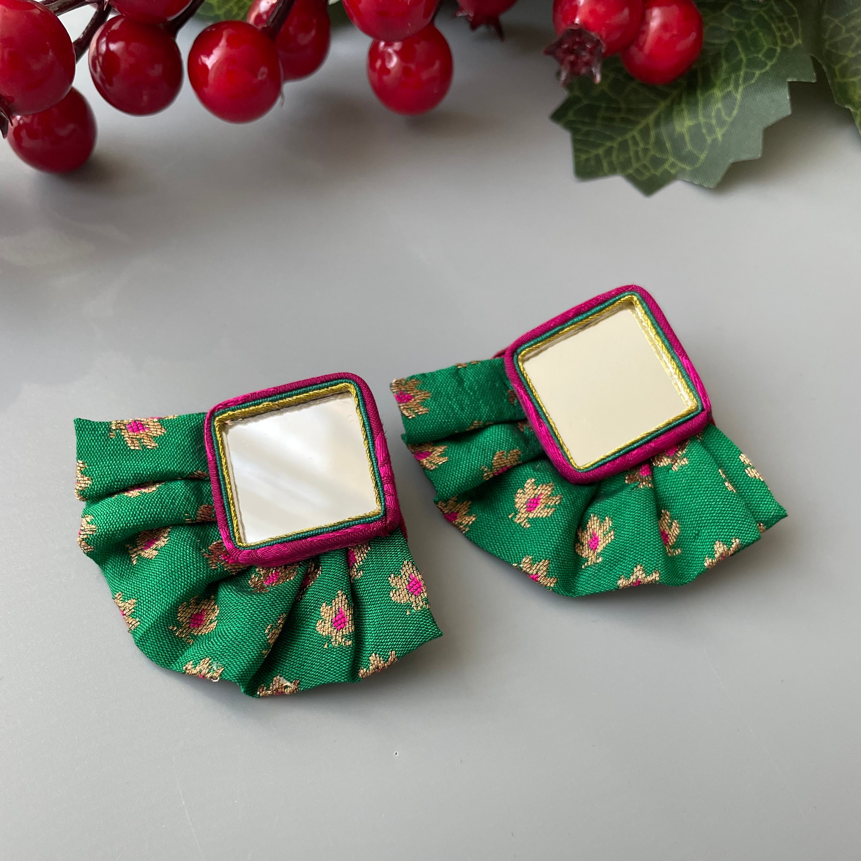 Persian Earrings Mirror Mosaic Earrings with Colorful Fabric:Persian Jewelry-AFRA ART GALLERY