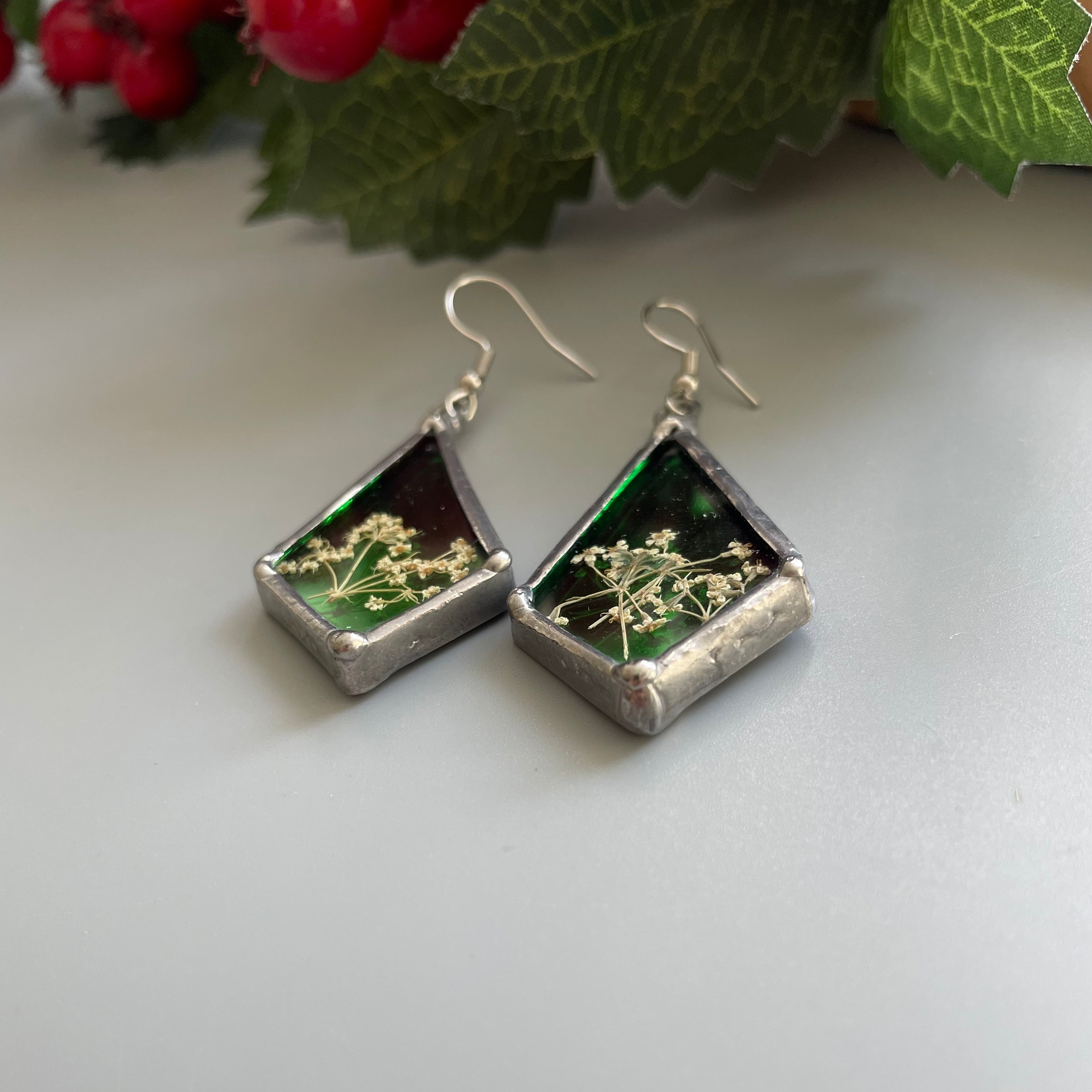 Persian Earrings Stain Green Glass Earrings with Dried Flower:Persian Jewelry-AFRA ART GALLERY