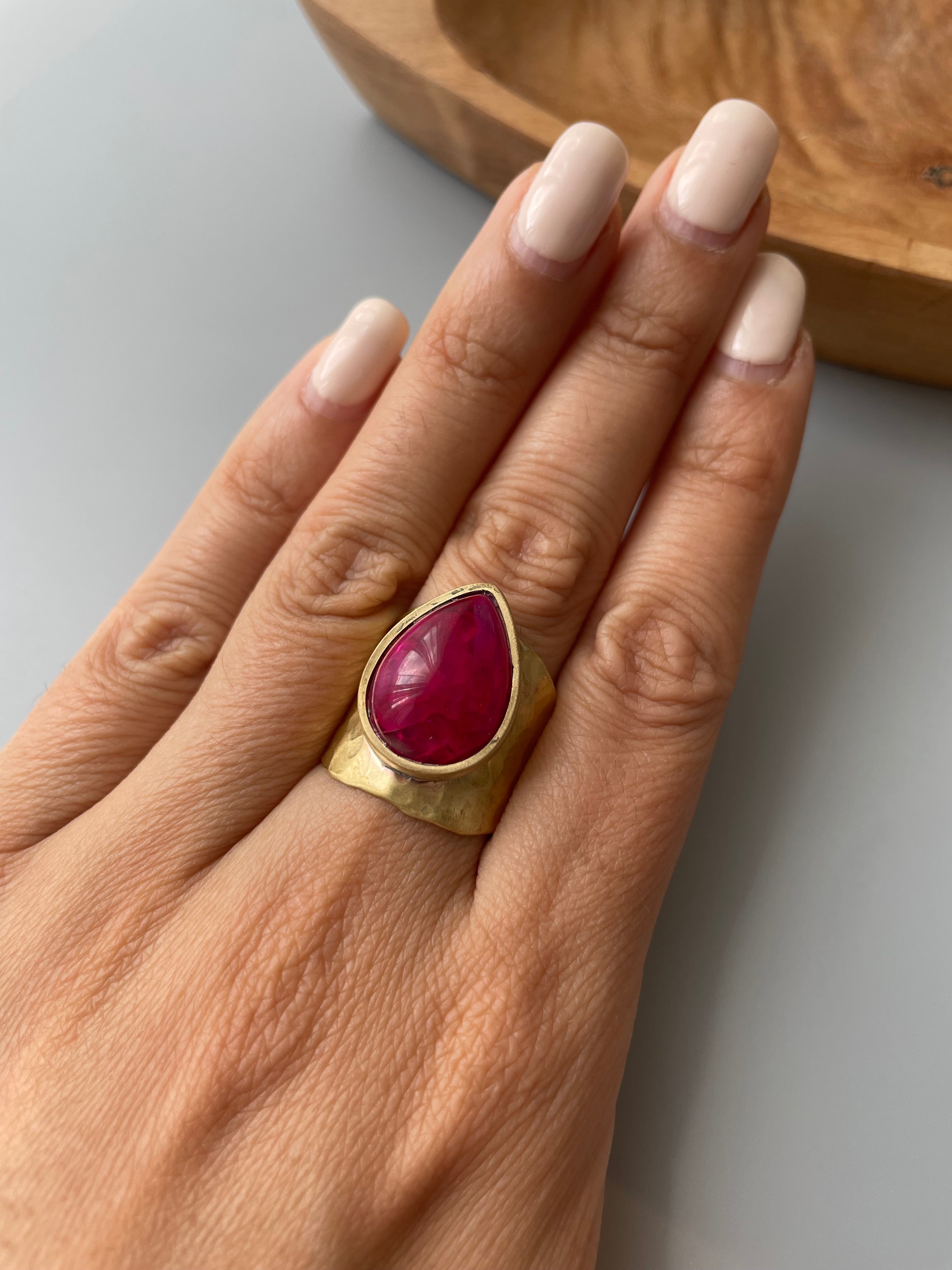 Brass Handmade Ring with Teardrop Shaped Raspberry Colored Gemstone