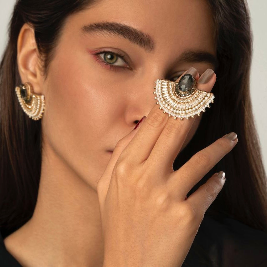 Persian Earrings Beaded Embroidery Half Circle Earrings with Shiny Crystal and Beads:Persian Jewelry-AFRA ART GALLERY