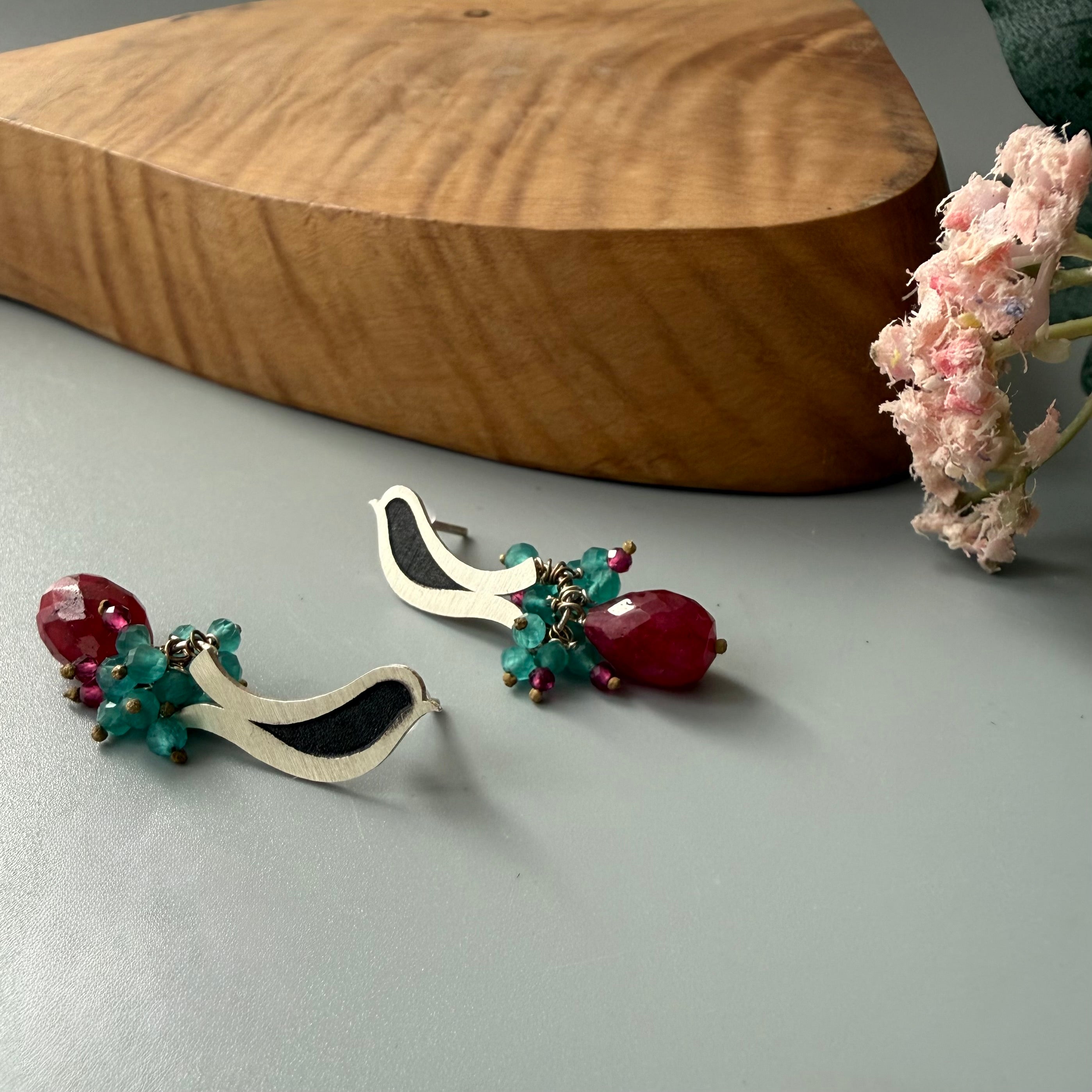 Handmade Silver Bird Earrings with Colorful Gemstone