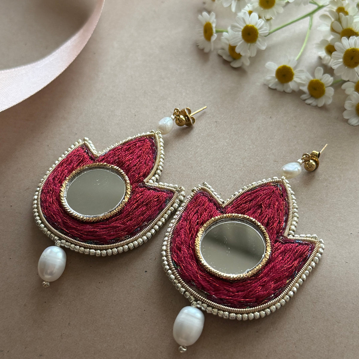 Tulips Embroidery and Mirror Earrings in Red - AFRA ART GALLERY