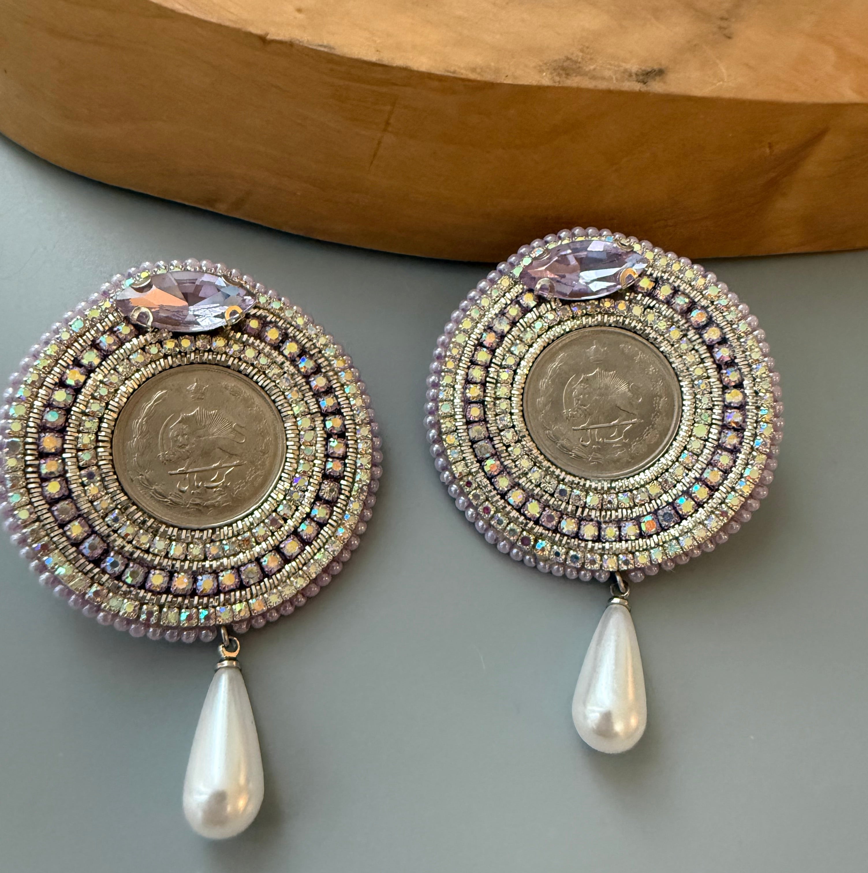 Beaded Embroidery Earrings with Lion and Sun Symbol - AFRA ART GALLERY