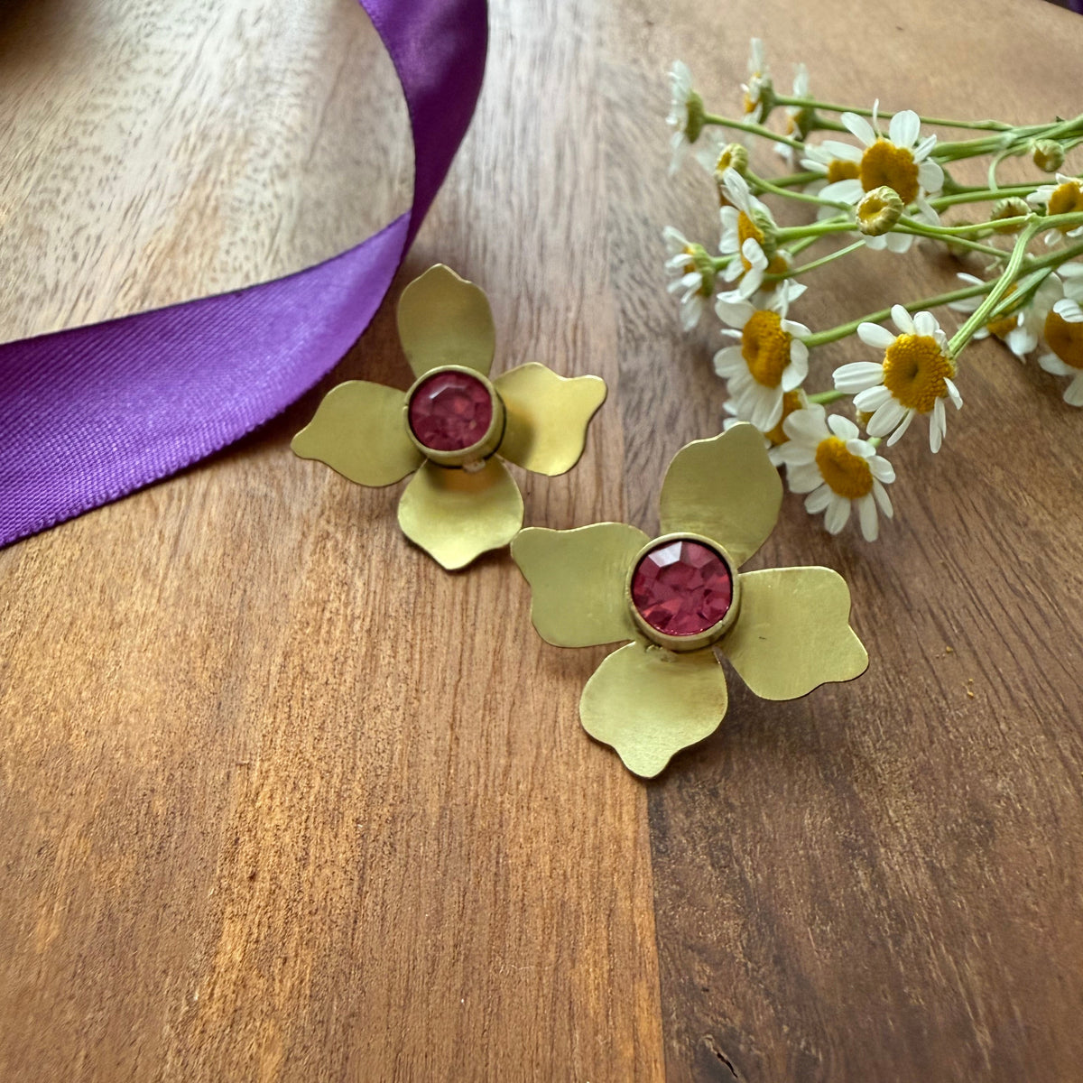 Handmade Brass Flower Earrings with Shiny Crystal - AFRA ART GALLERY