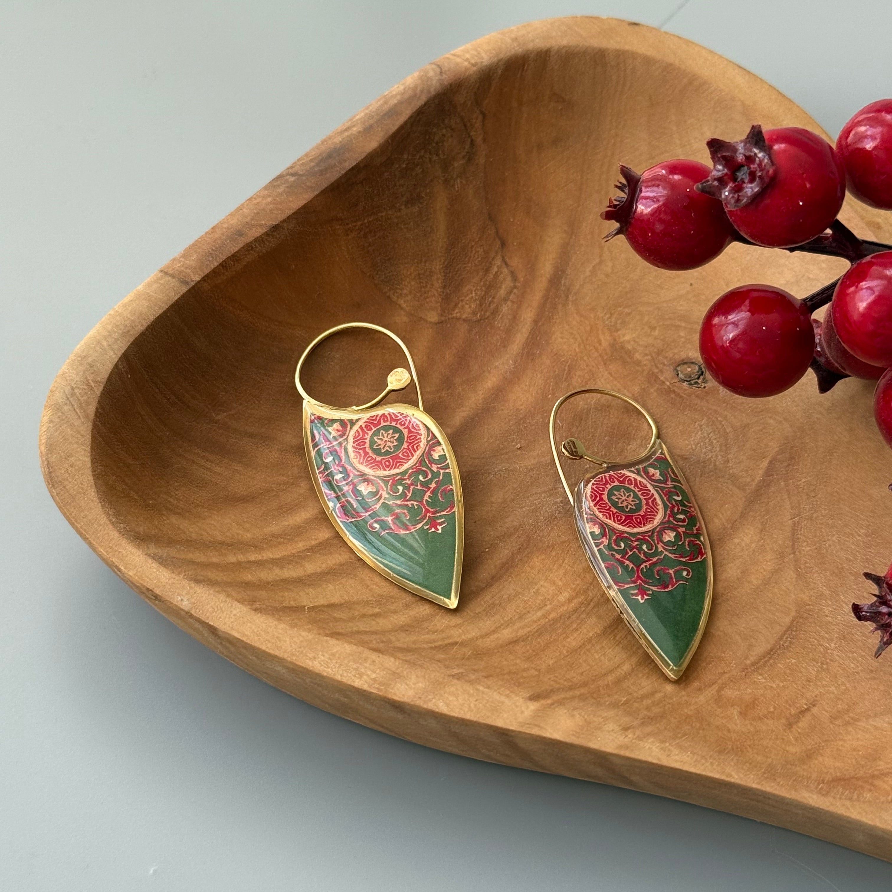 Brass Persian Earrings with Red and Green Pattern