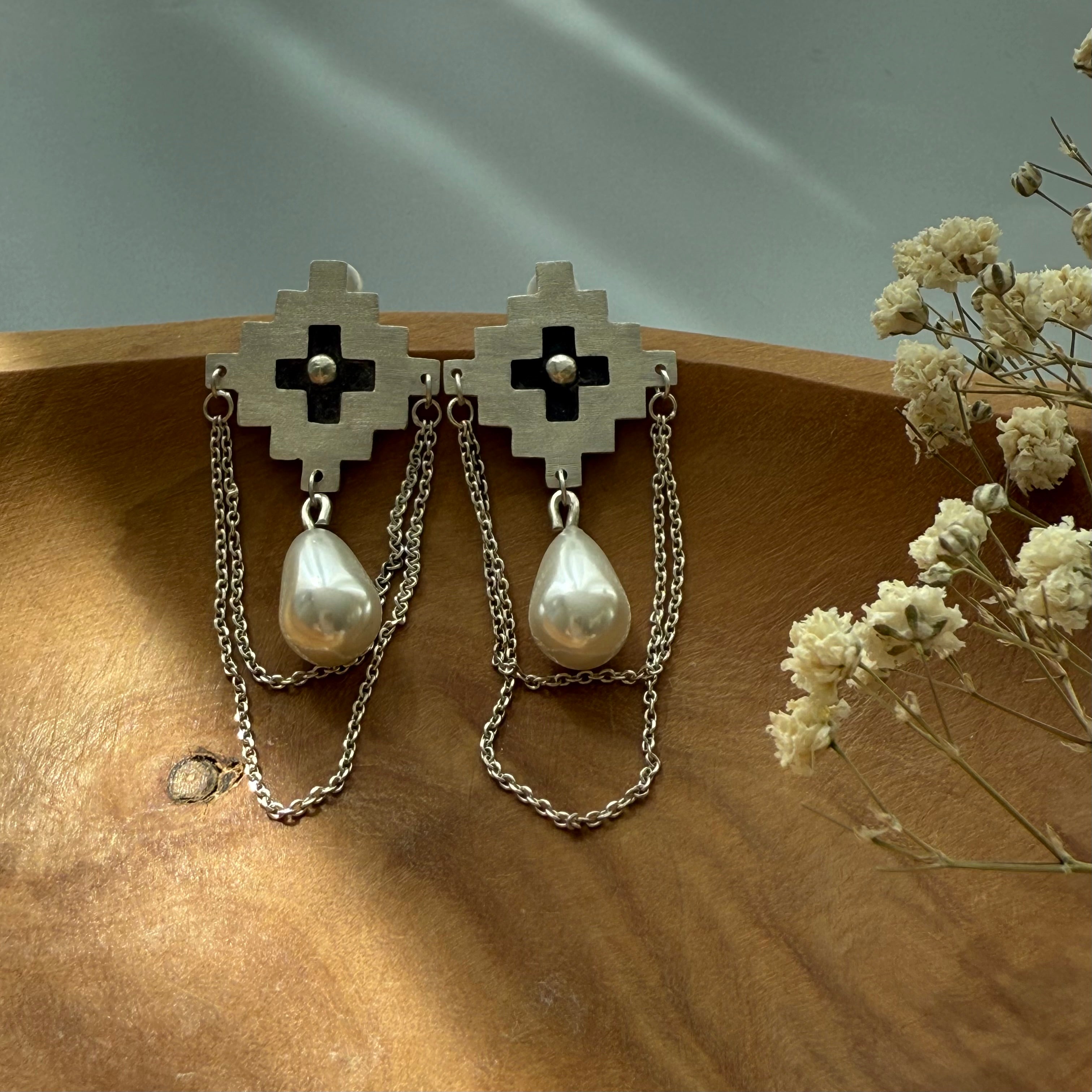 Persian Earrings-Handmade Silver Earring with Qulim Motif and Pearls:Persian Jewelry -AFRA ART GALLERY