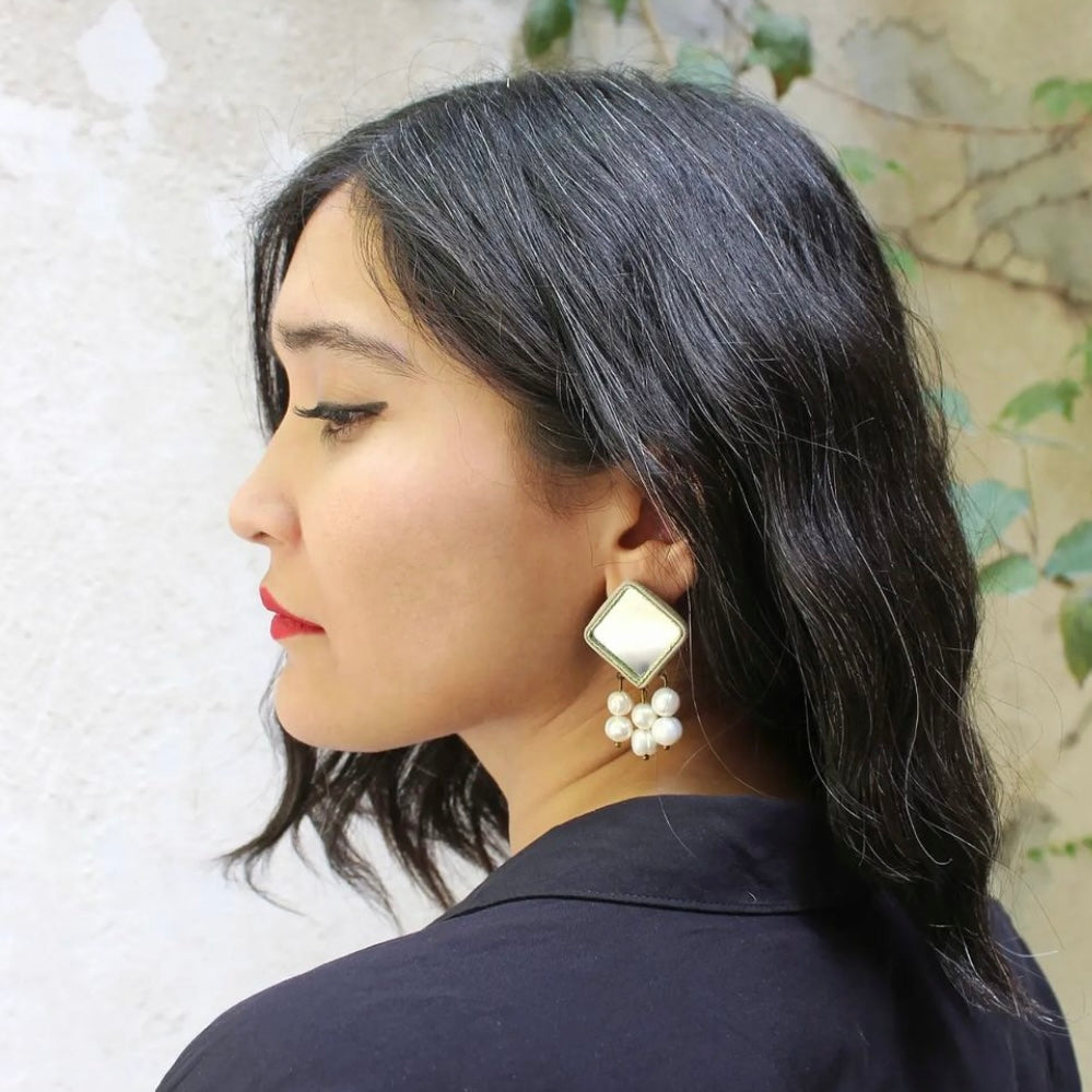 Persian Earrings Mirror Mosaic Earrings with Silk Frame and Pearls:Persian Jewelry-AFRA ART GALLERY