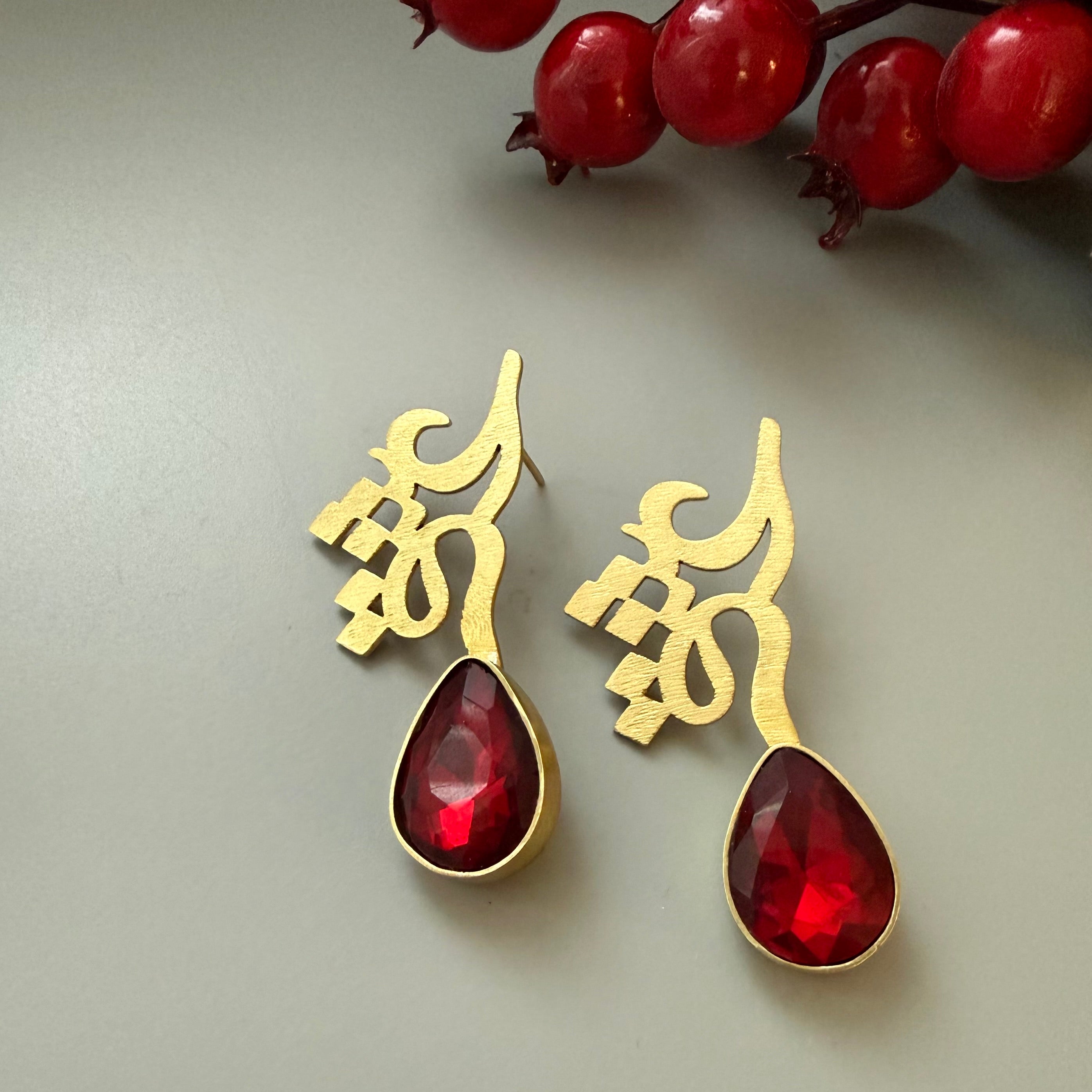 Brass Love Earrings with Shiny Crystal - AFRA ART GALLERY