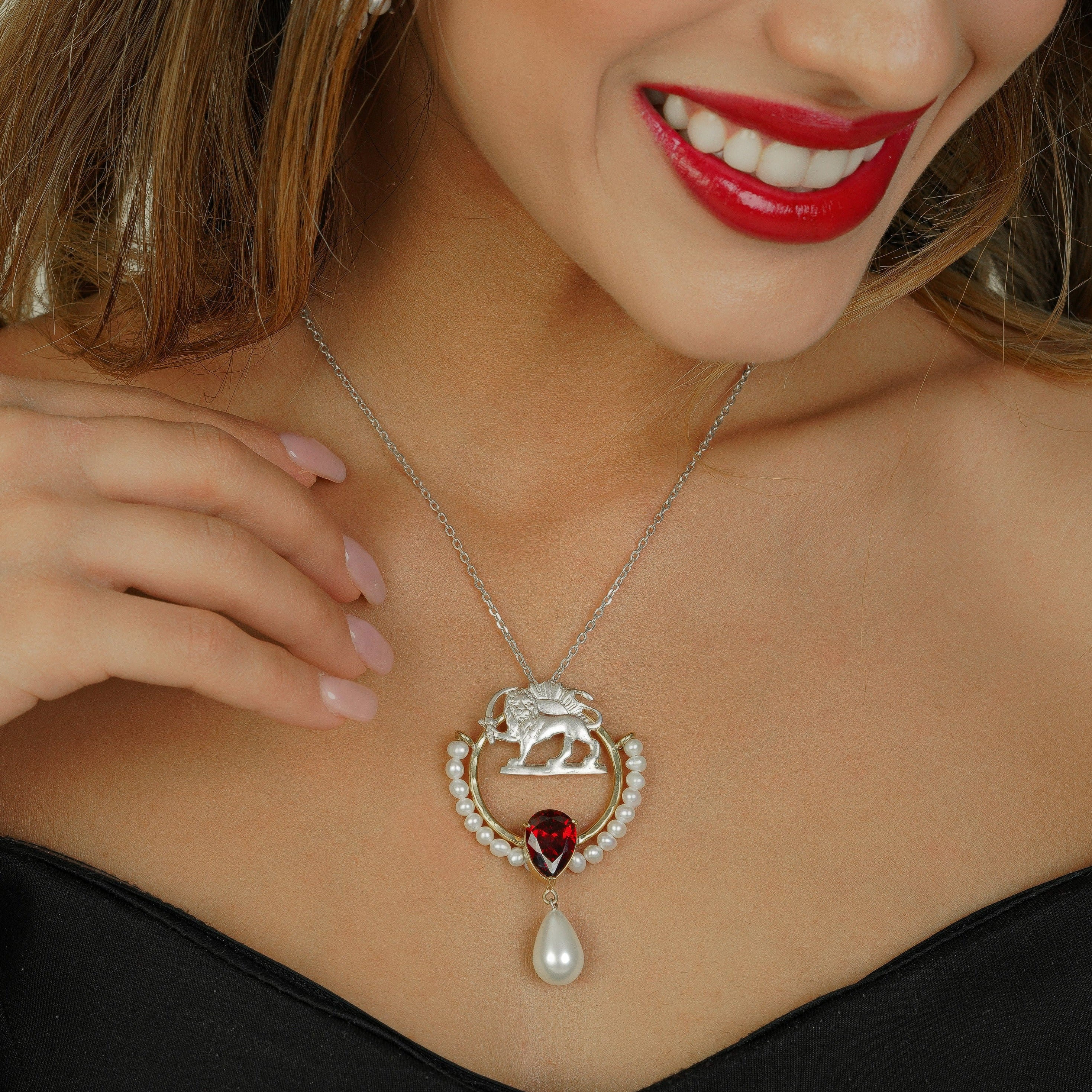 Persian Necklaces-Handmade Lion and Sun Silver Necklace with Pearl and Crystal: Persian jewelry-AFRA ART GALLERY