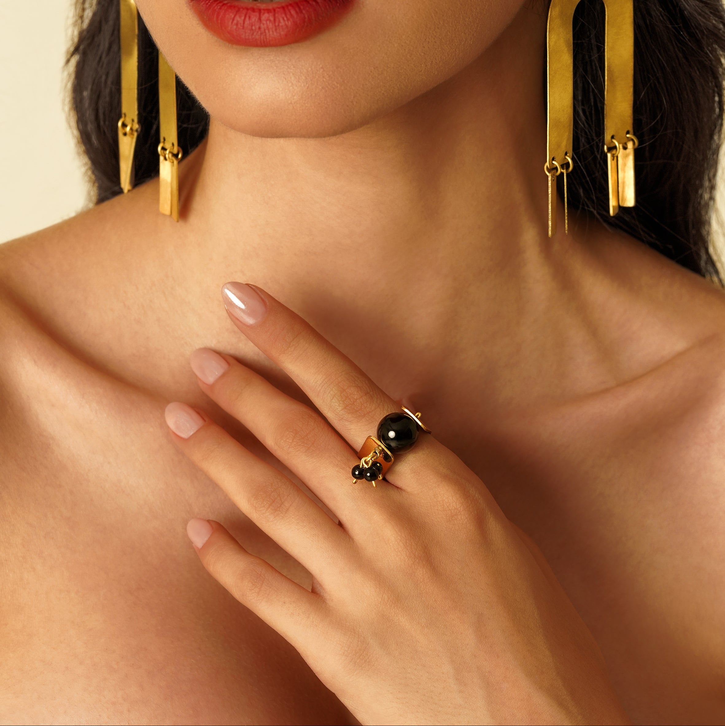 Handmade Brass Ring with Calligraphy and Gemstone Ball