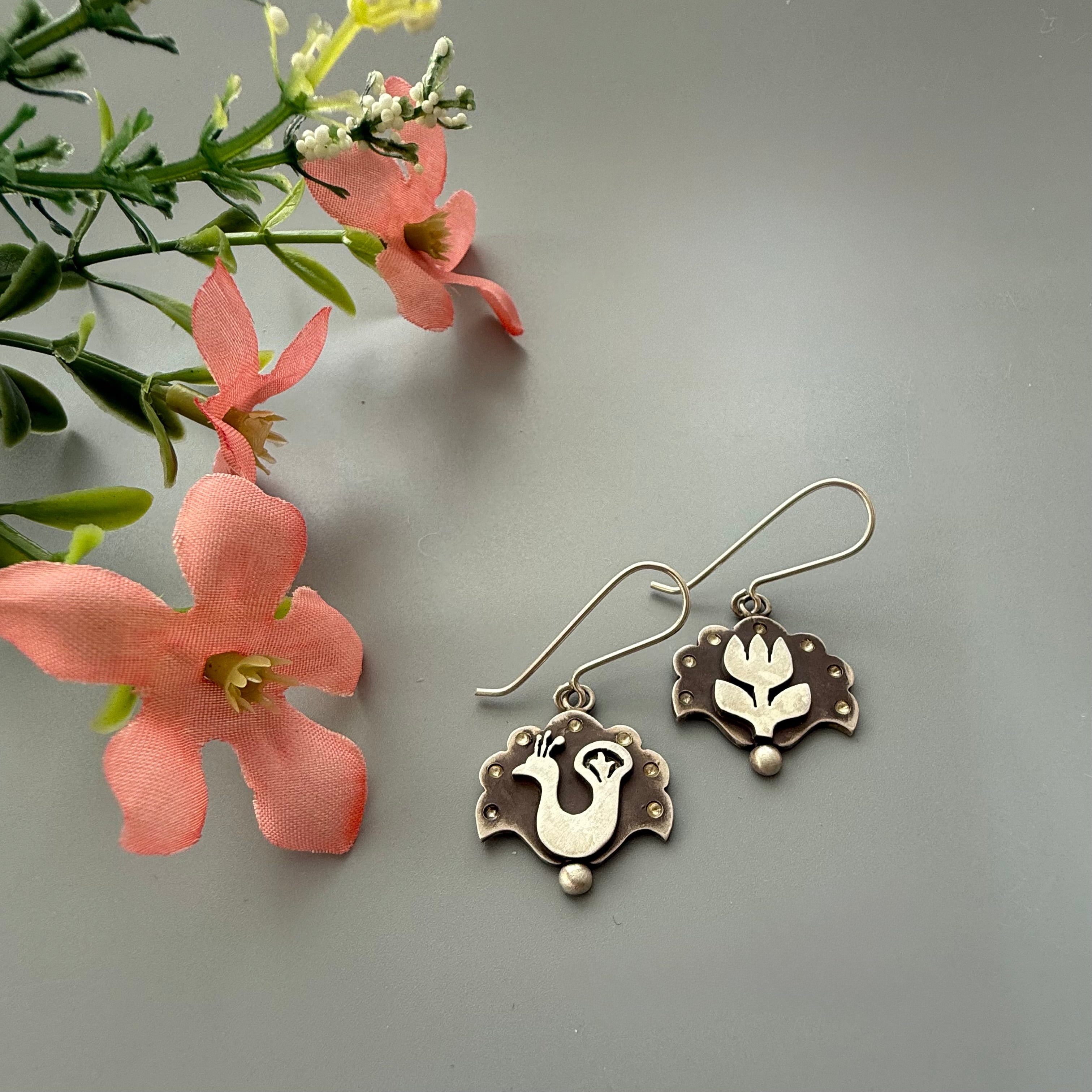 Persian Earrings-Handmade Asymmetrical Silver Earrings with Gol_O_Morgh Design:Persian Jewelry -AFRA ART GALLERY