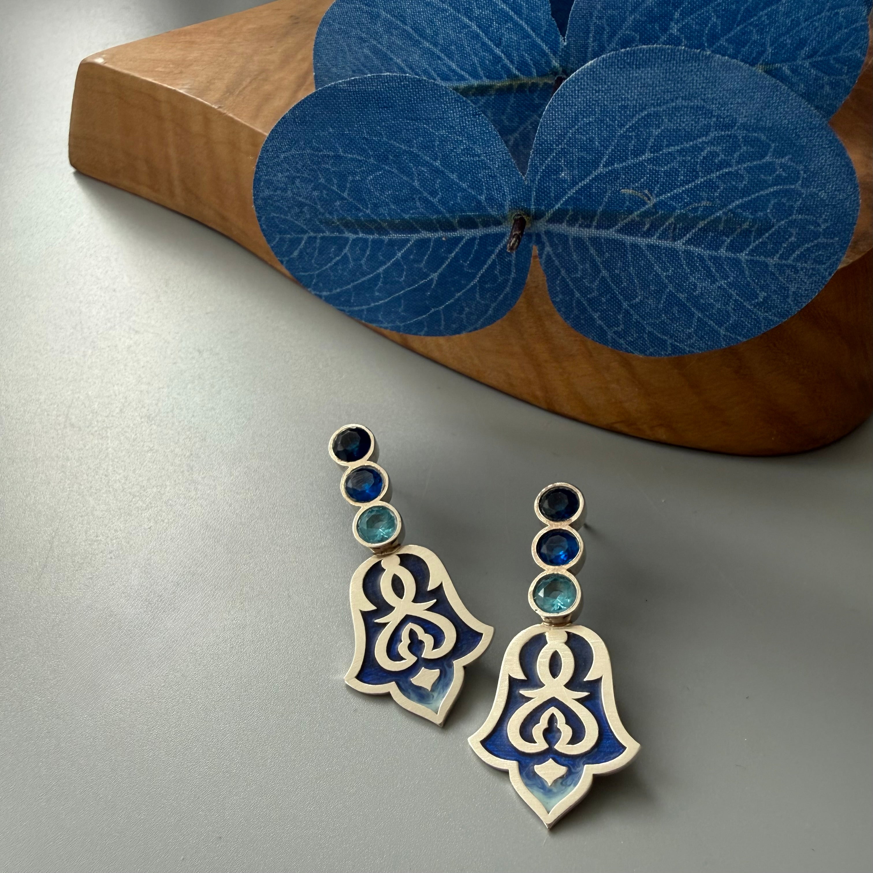 Handmade Persian Earrings with Blue Shade of Enamel and Crystal