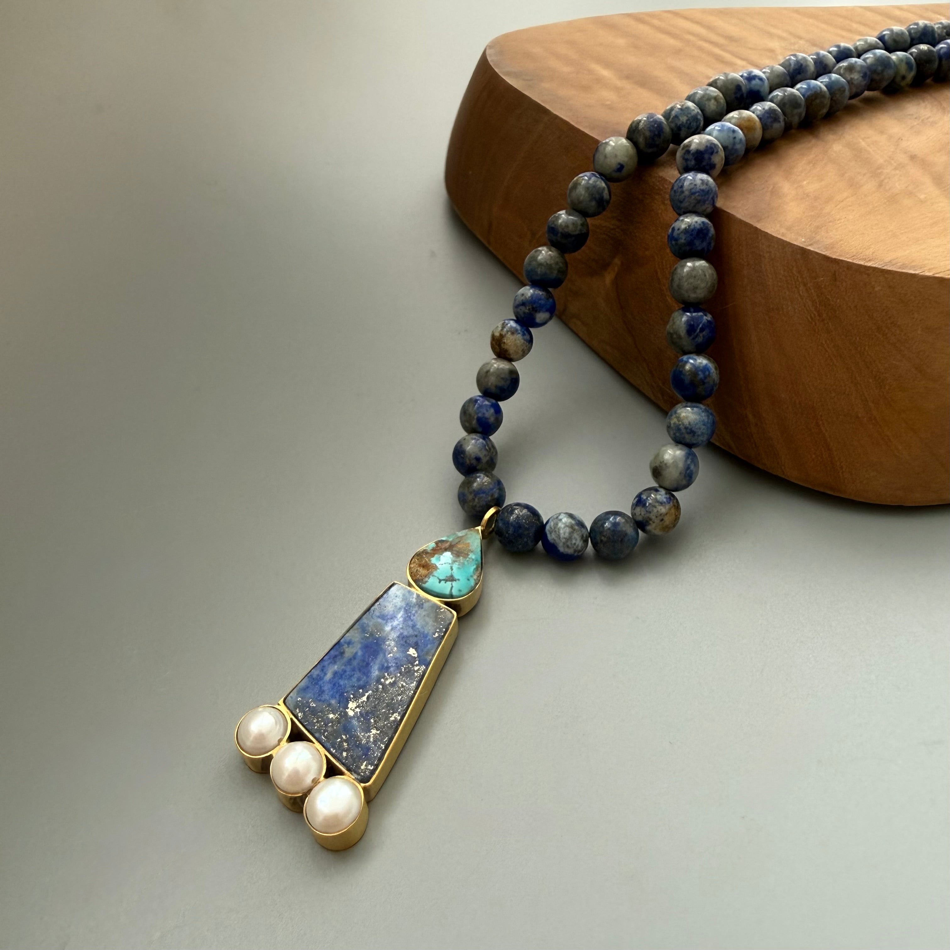 Handmade Silver Necklace with Natural Turquoise, Lazuli and Pearl - AFRA ART GALLERY
