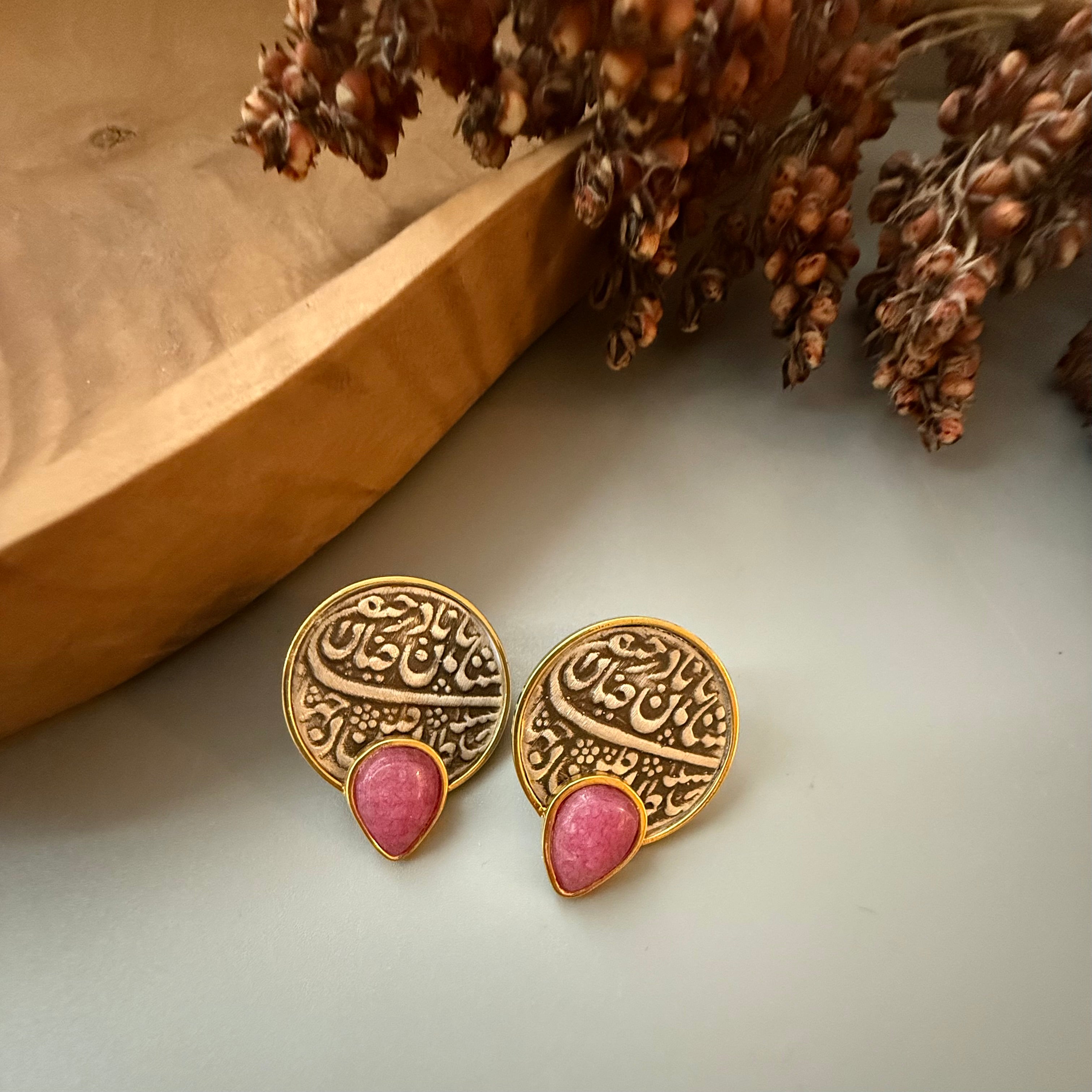 Handmade Gold Plated Silver Earrings with Safavid coin and Red Gemstone