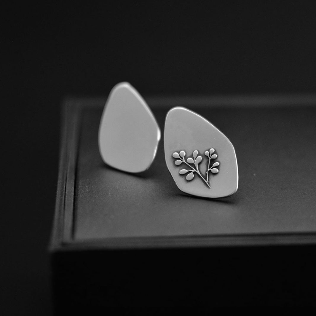 Persian Earrings Handmade Asymmetrical Silver Stud Earrings:Persian Jewelry-AFRA ART GALLERY