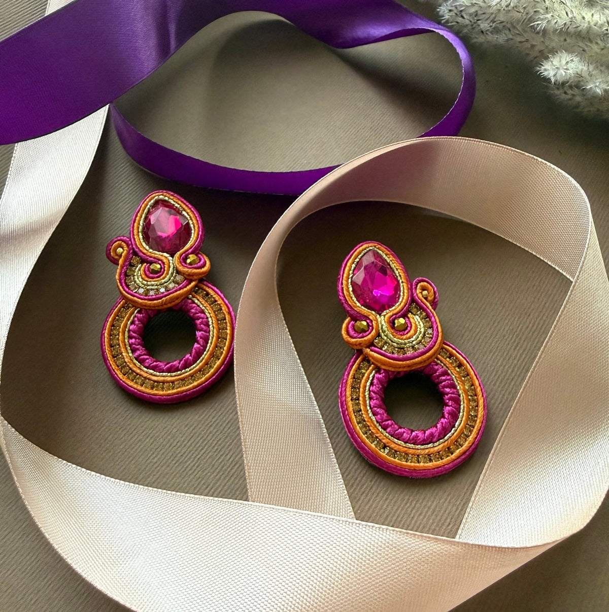 Soutache Earrings with Colorful Crystal and Beads - AFRA ART GALLERY