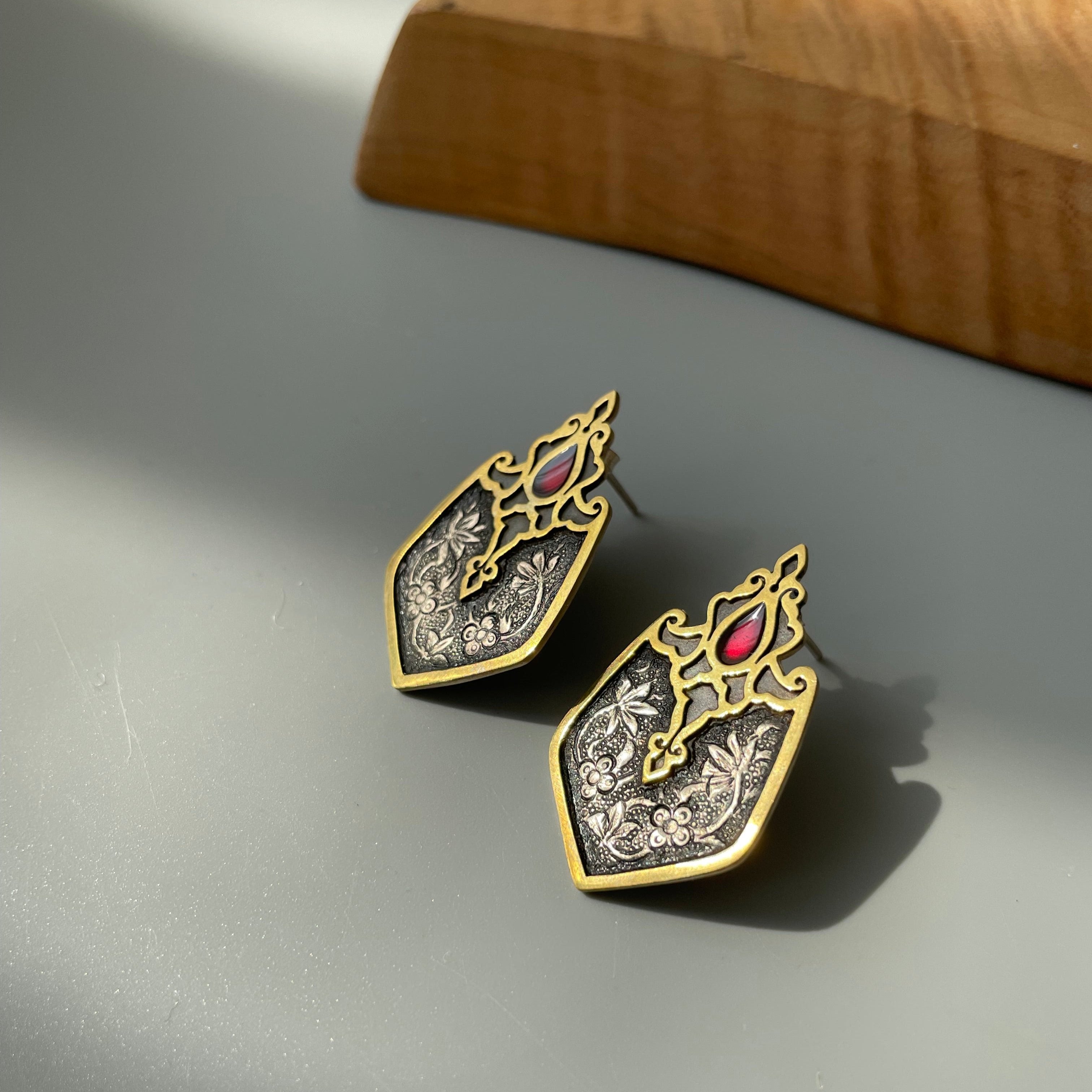 Persian Earrings Handmad Engraved Silver and Wine Red Enamel Dangle Earrings:Persian Jewelry-AFRA ART GALLERY