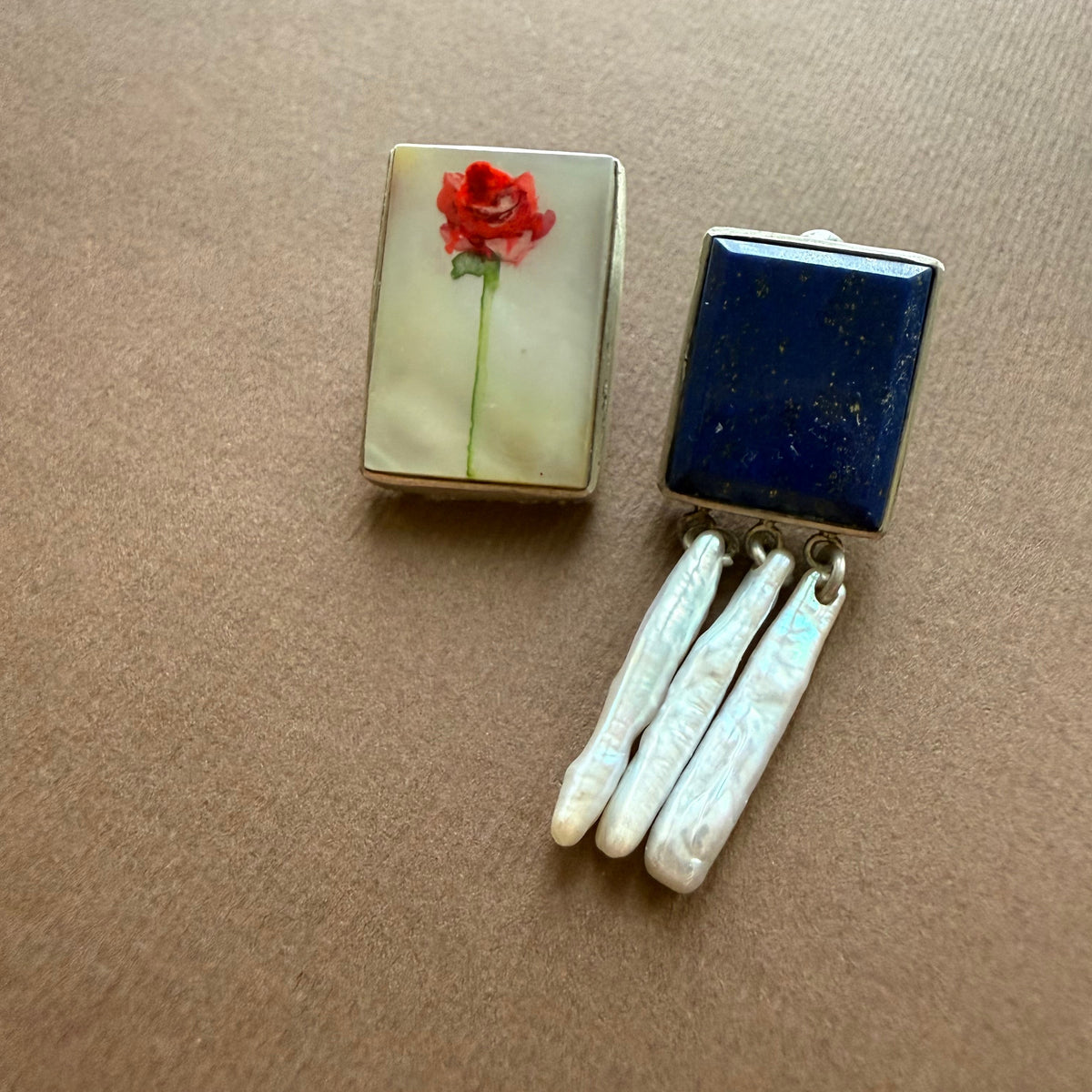 Handmade Asymmetrical Silver Shell & Lapis Earrings - AFRA ART GALLERY