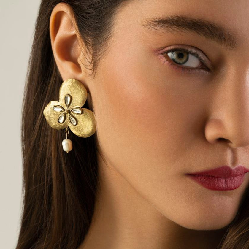 Persian Earrings Handmade Brass Flower Earrings Decorated with Mirror:Persian Jewelry-AFRA ART GALLERY