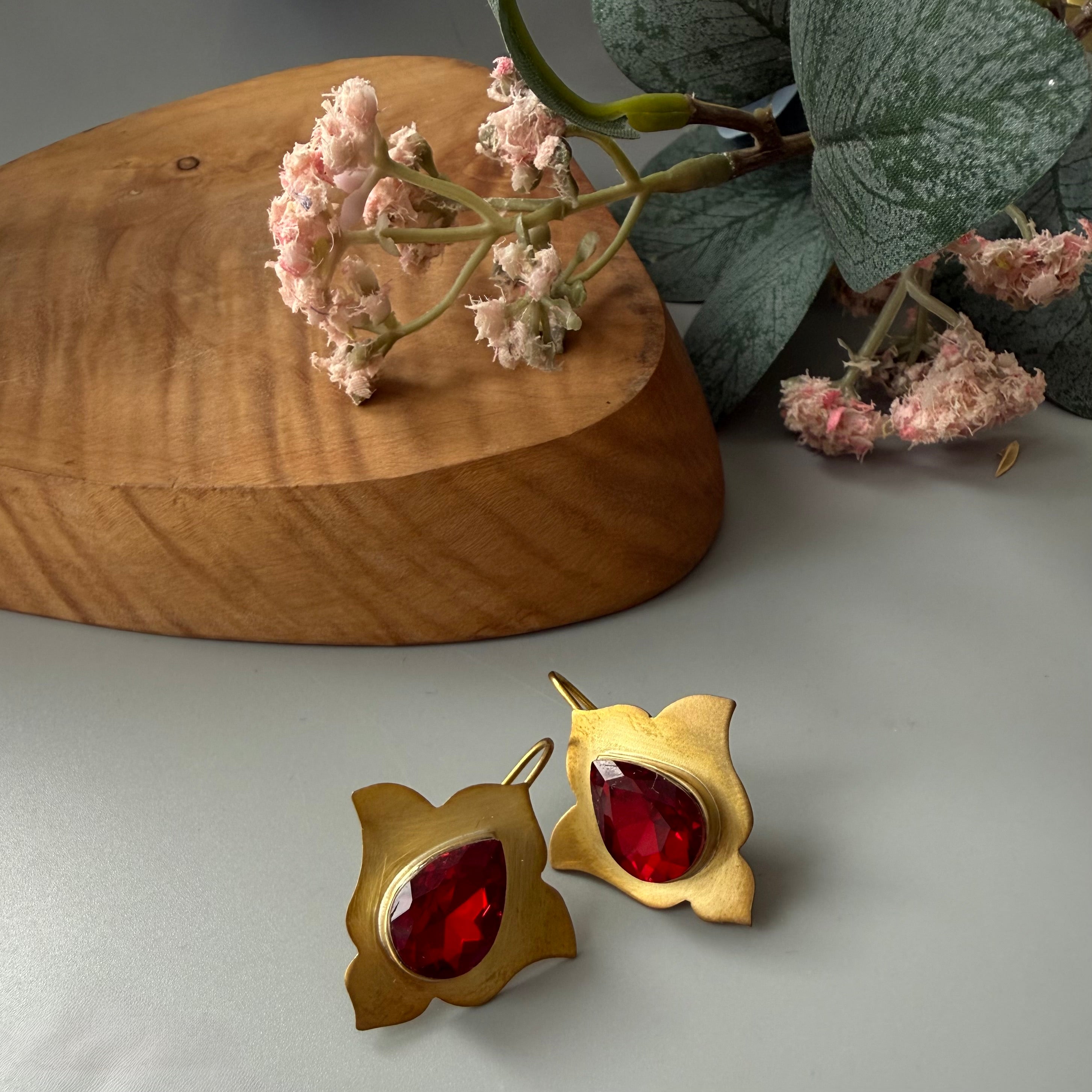 Handmade Brass Earrings with Red Gemstone