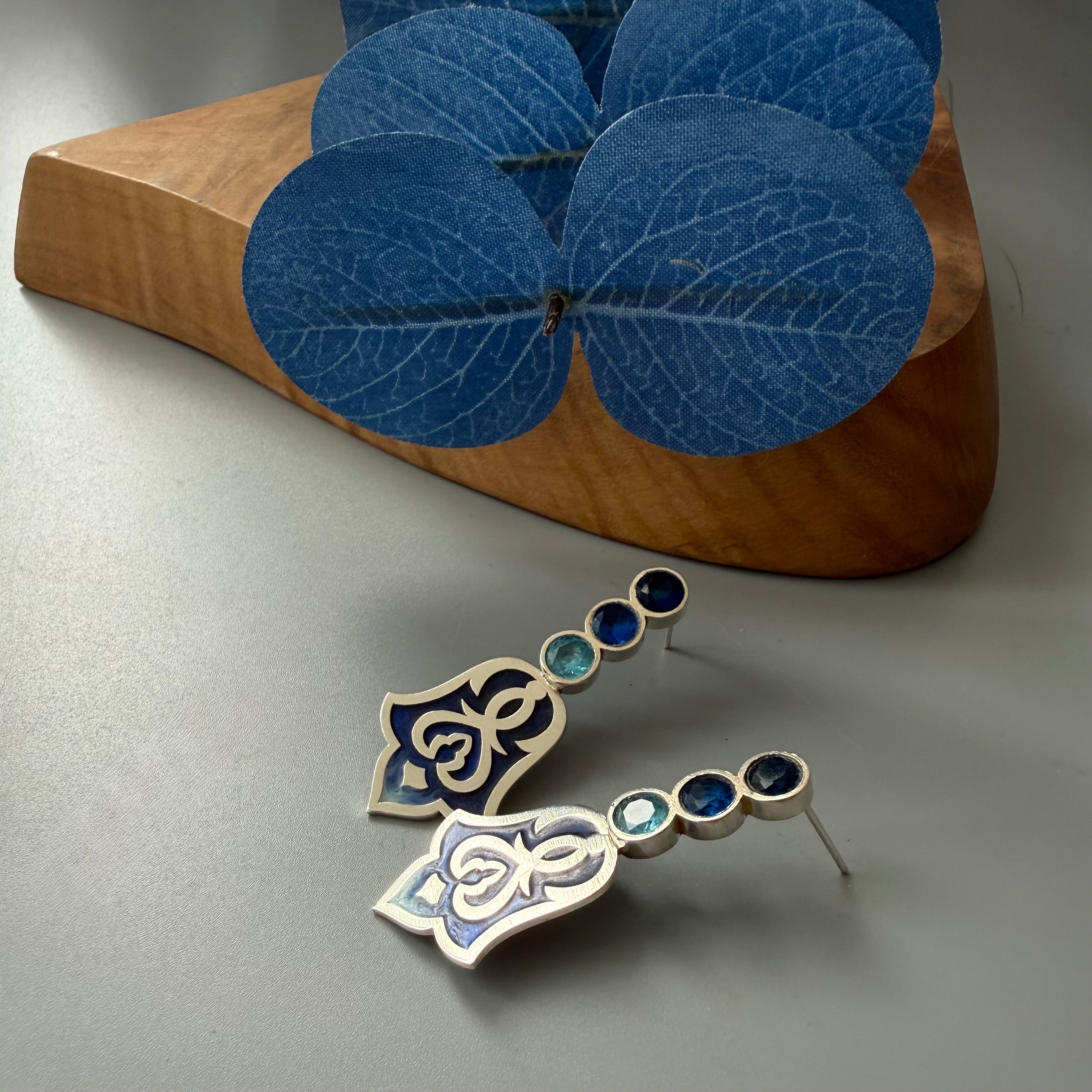 Handmade Persian Earrings with Blue Shade of Enamel and Crystal